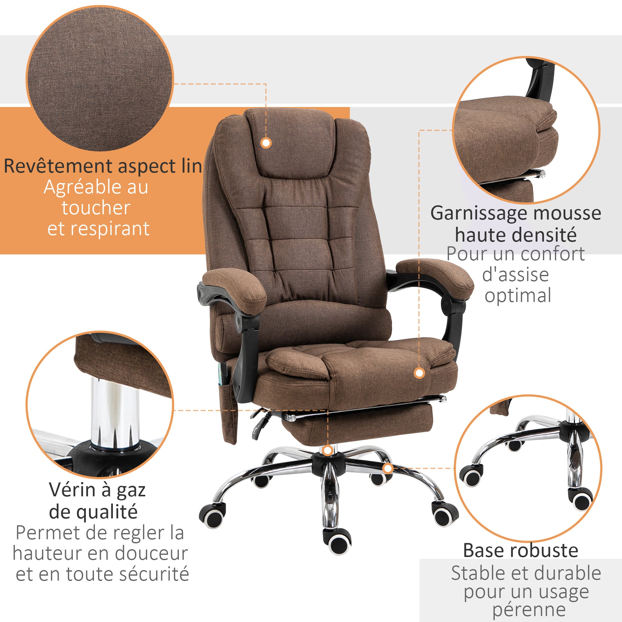 Fauteuil de bureau massant chauffant fauteuil bureau ergonomique hauteur réglable dossier inclinable repose-pied + coussin lombaires intégrés marron