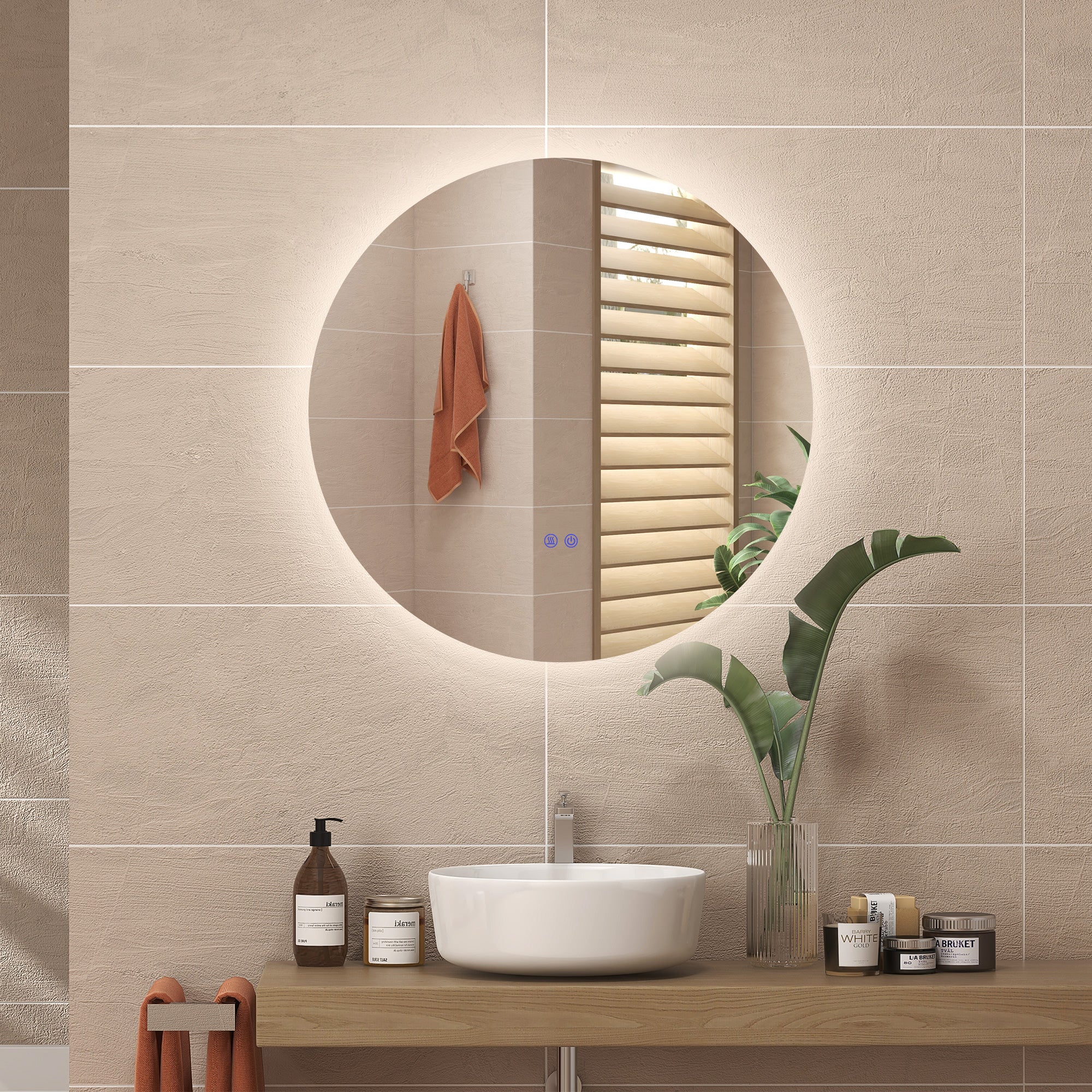 Miroir rond lumineux LED miroir mural de salle de bain 80 cm avec éclairage interrupteur tactile système antibuée luminosité réglable 20,5W+26W blanc et argent
