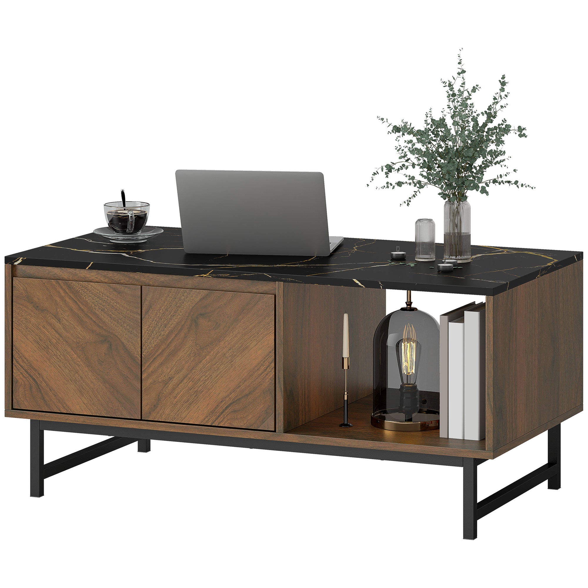 Table basse, table de salon avec plateau effet marbre, 2 portes et 2 compartiments ouverts, cadre en acier, style moderne, pour salon, bureau, 100 x 50,8 x 45,7 cm, noyer
