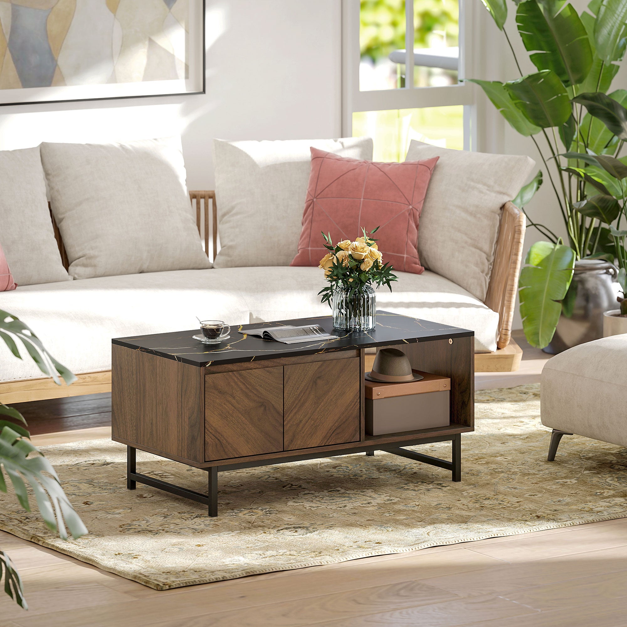 Table basse, table de salon avec plateau effet marbre, 2 portes et 2 compartiments ouverts, cadre en acier, style moderne, pour salon, bureau, 100 x 50,8 x 45,7 cm, noyer