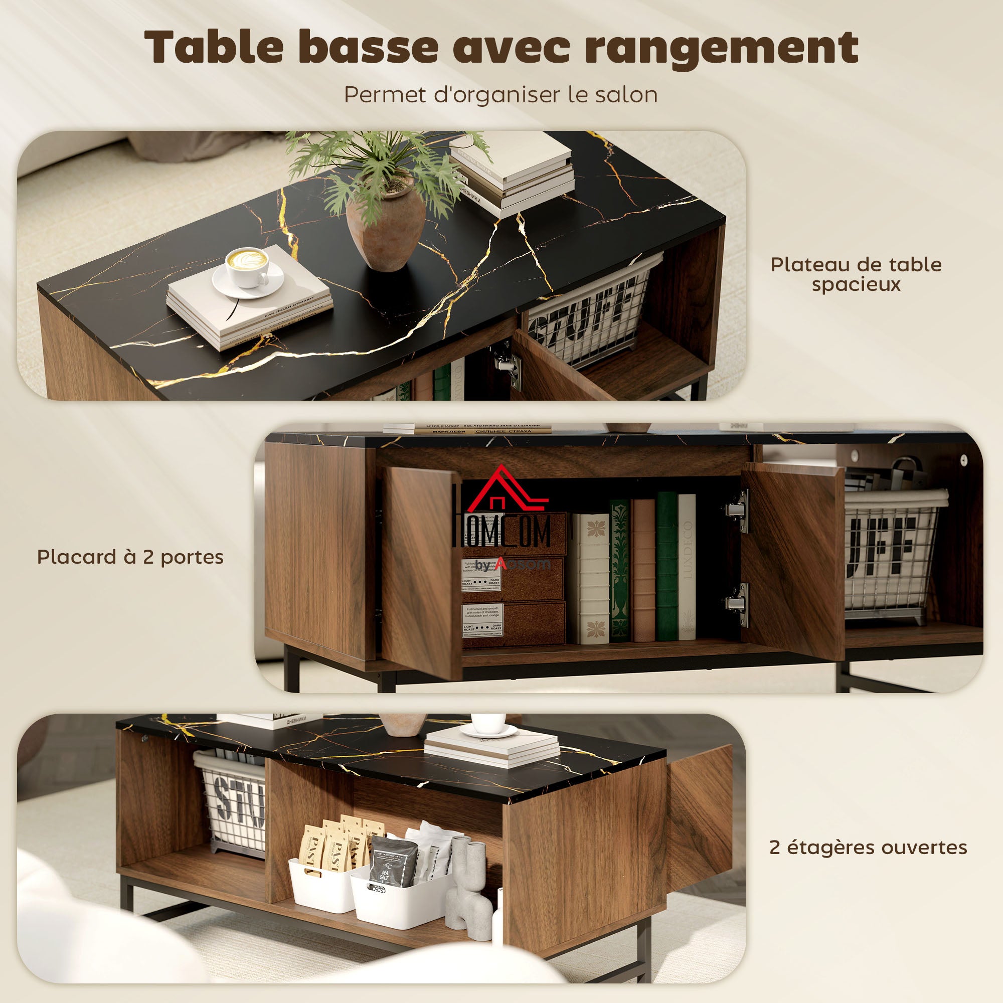 Table basse, table de salon avec plateau effet marbre, 2 portes et 2 compartiments ouverts, cadre en acier, style moderne, pour salon, bureau, 100 x 50,8 x 45,7 cm, noyer