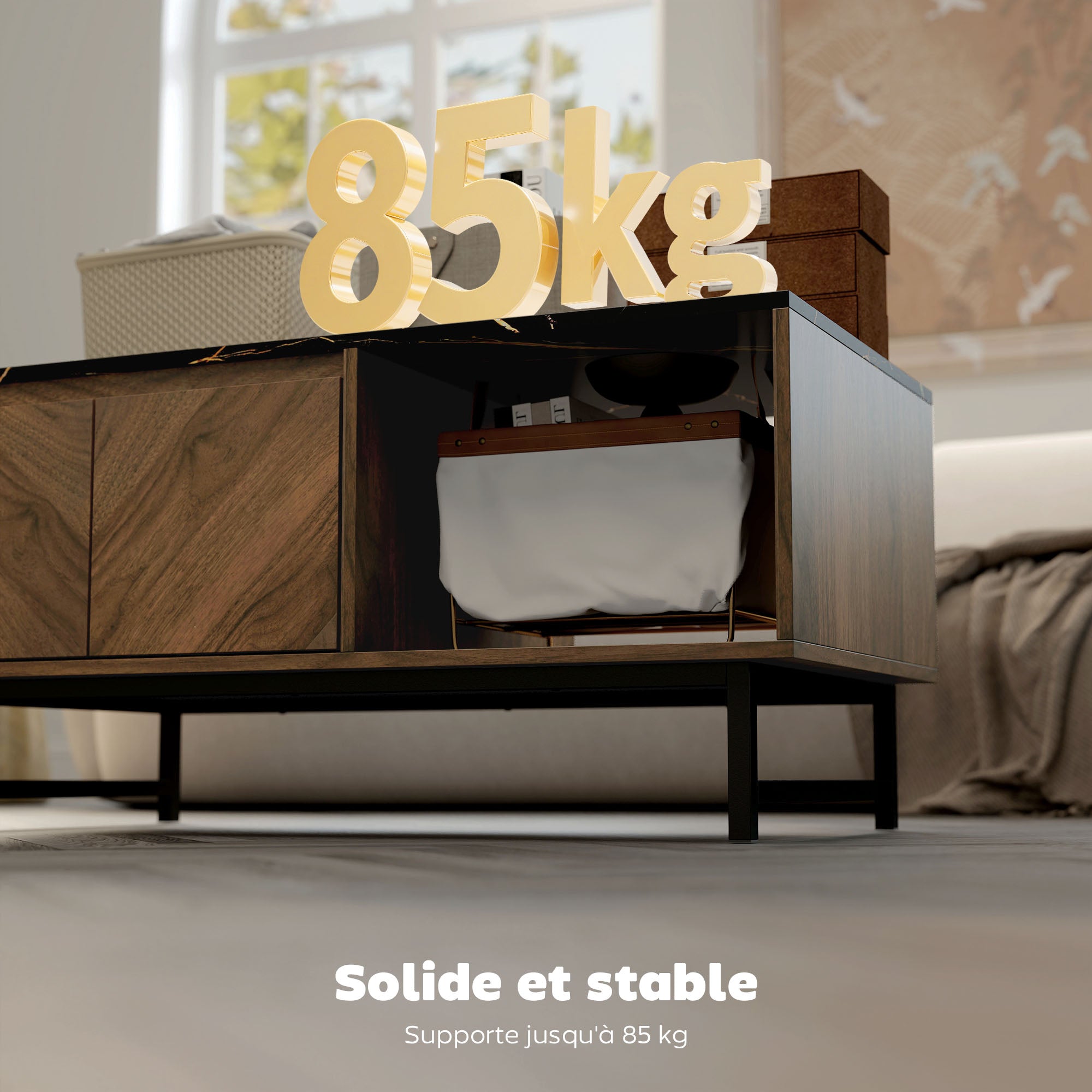 Table basse, table de salon avec plateau effet marbre, 2 portes et 2 compartiments ouverts, cadre en acier, style moderne, pour salon, bureau, 100 x 50,8 x 45,7 cm, noyer