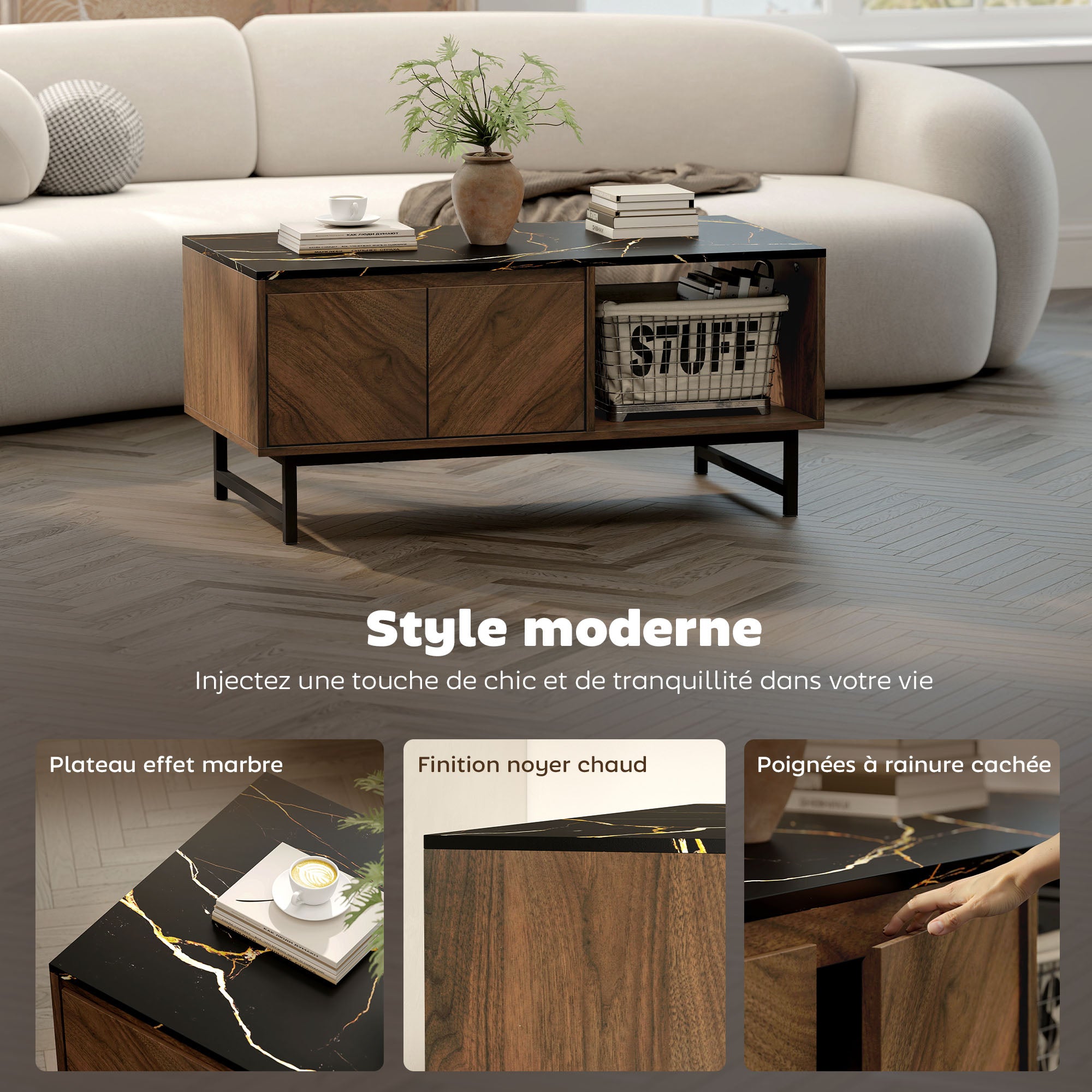 Table basse, table de salon avec plateau effet marbre, 2 portes et 2 compartiments ouverts, cadre en acier, style moderne, pour salon, bureau, 100 x 50,8 x 45,7 cm, noyer