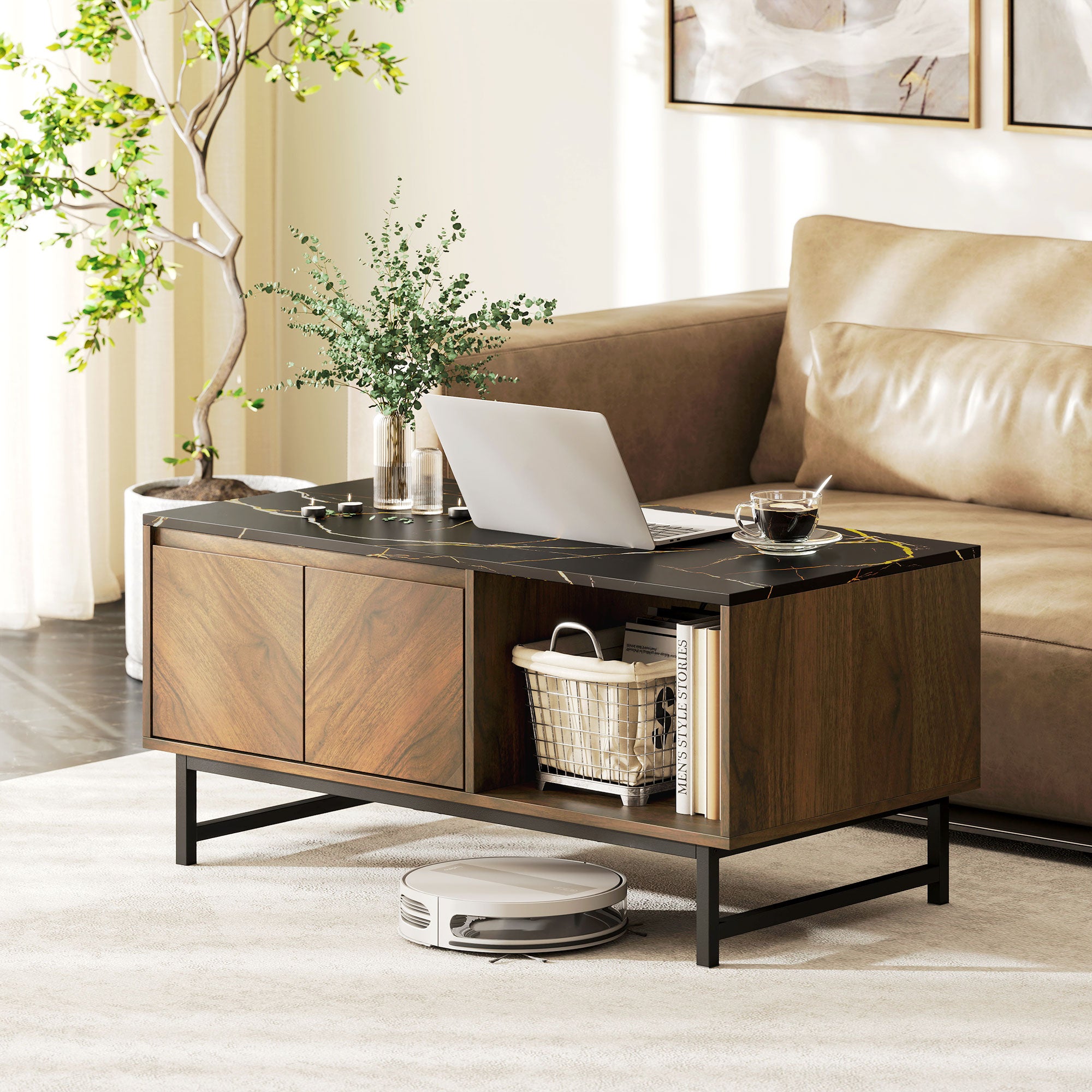 Table basse, table de salon avec plateau effet marbre, 2 portes et 2 compartiments ouverts, cadre en acier, style moderne, pour salon, bureau, 100 x 50,8 x 45,7 cm, noyer