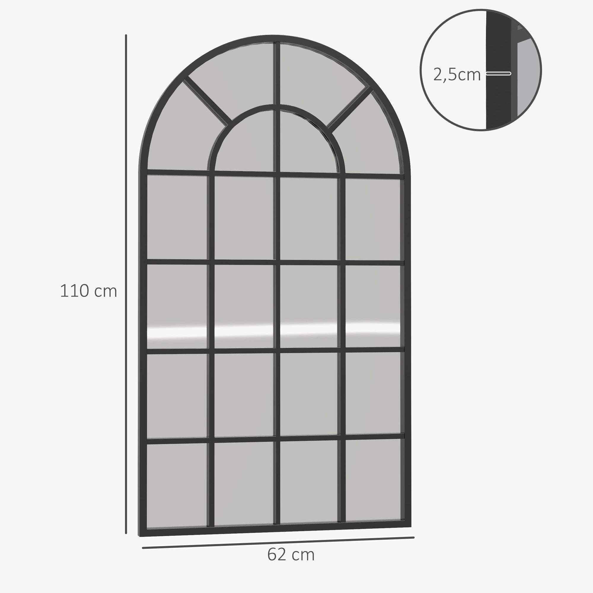 Miroir verrière arche style industriel fenêtre arcade métal noir - 110 x 65 cm