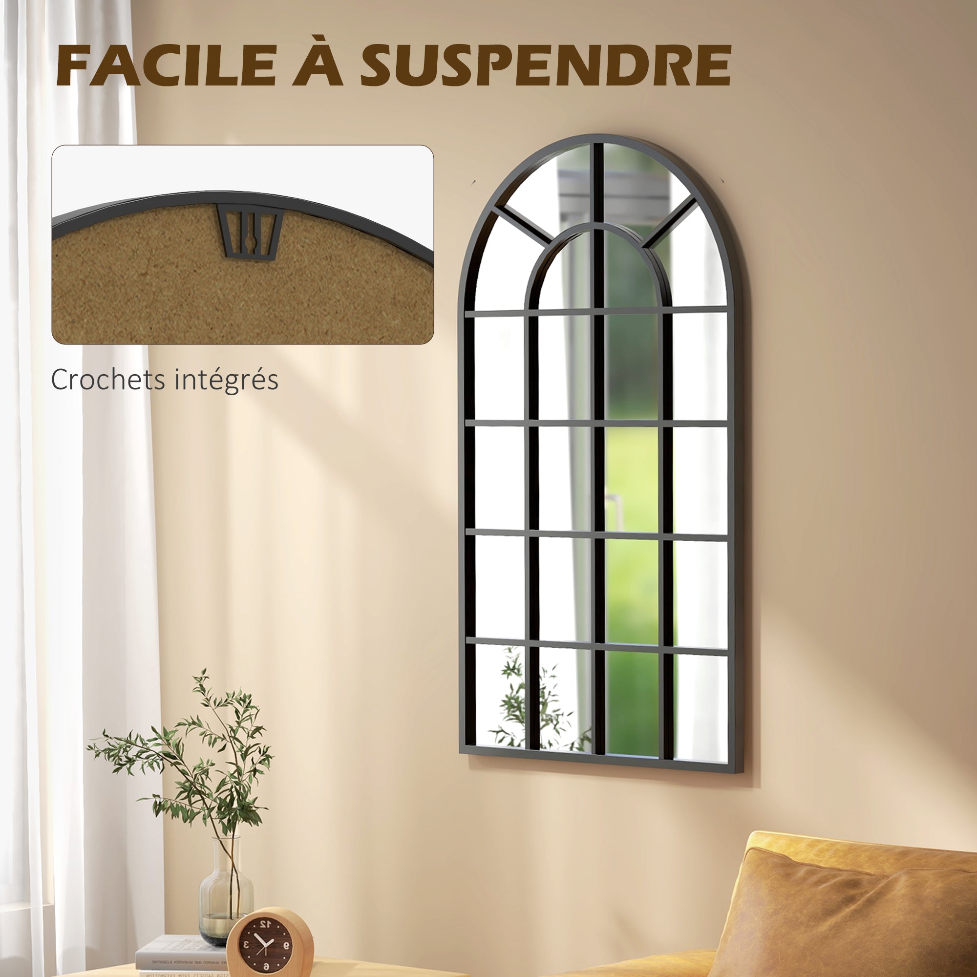 Miroir verrière arche style industriel fenêtre arcade métal noir - 110 x 65 cm