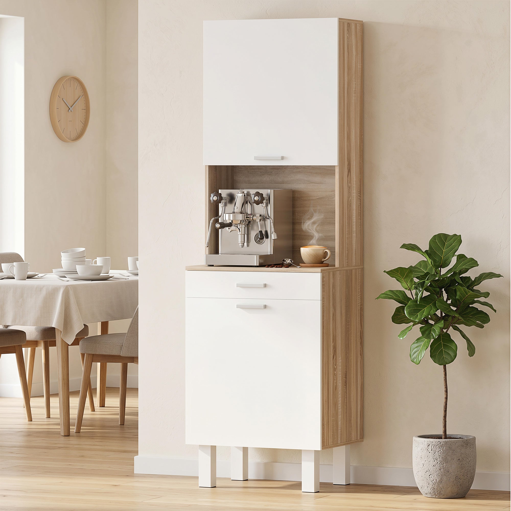 Buffet haut cuisine, armoire de cuisine, vaisselier avec 2 portes, tiroir et plan de travail, style moderne, meuble de rangement pour salon, salle à manger, 55x40x174 cm, blanc et bois naturel