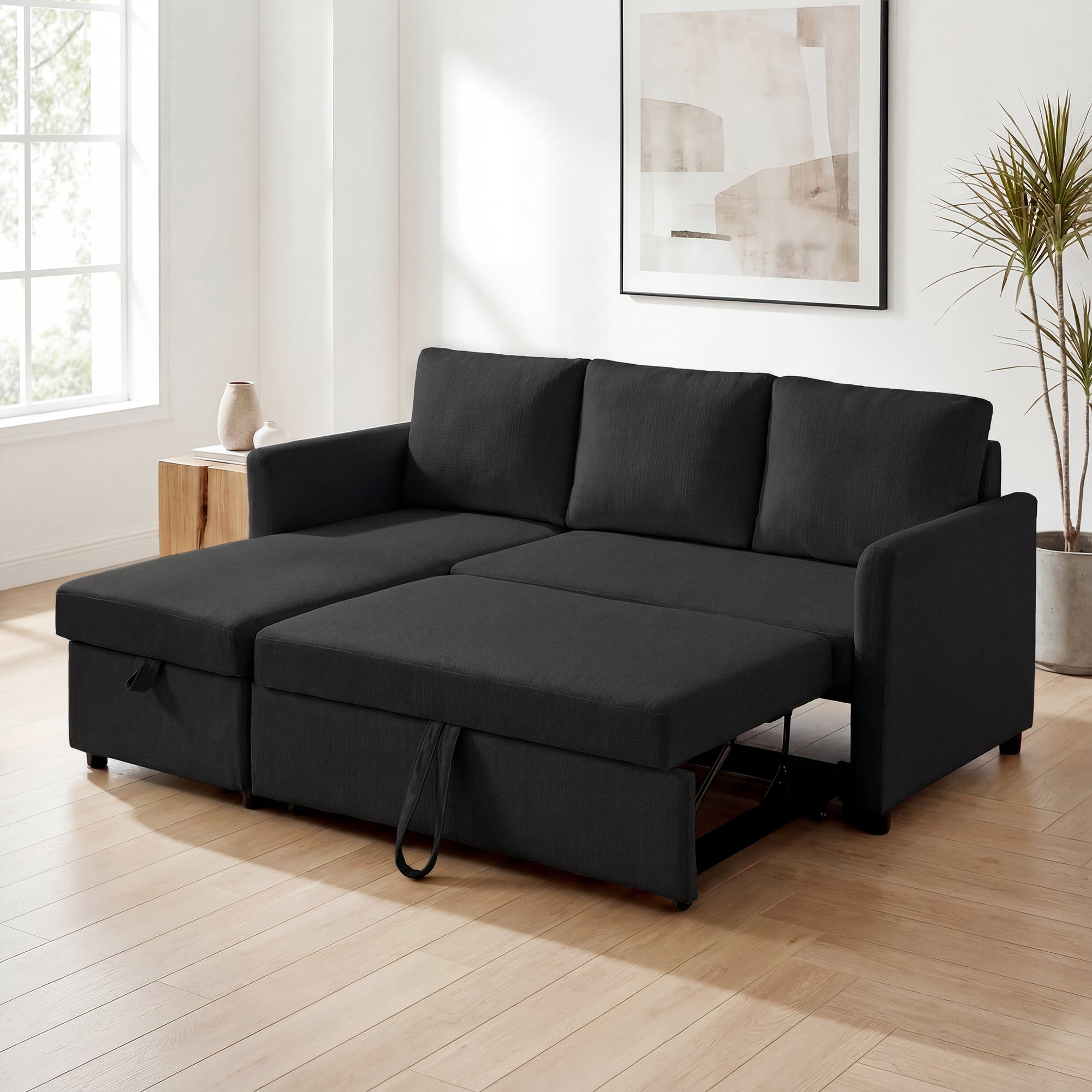 Canapé d'Angle Convertible, Canapé-Lit 3 Places 192 cm avec Méridienne Réversible, Espace de Rangement Caché, Coussins Inclus, Tissu Aspect Lin, pour Salon, Bureau, Appartement, Gris Anthracite