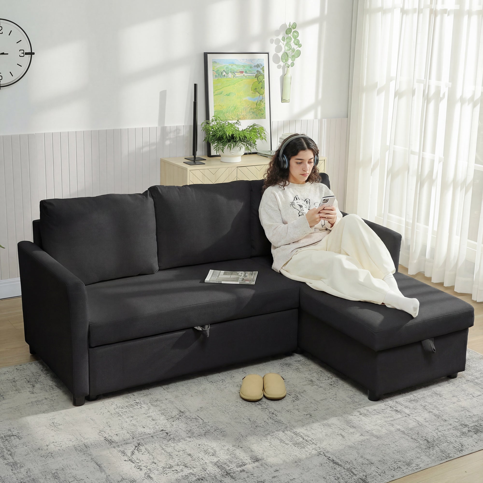 Canapé d'Angle Convertible, Canapé-Lit 3 Places 192 cm avec Méridienne Réversible, Espace de Rangement Caché, Coussins Inclus, Tissu Aspect Lin, pour Salon, Bureau, Appartement, Gris Anthracite