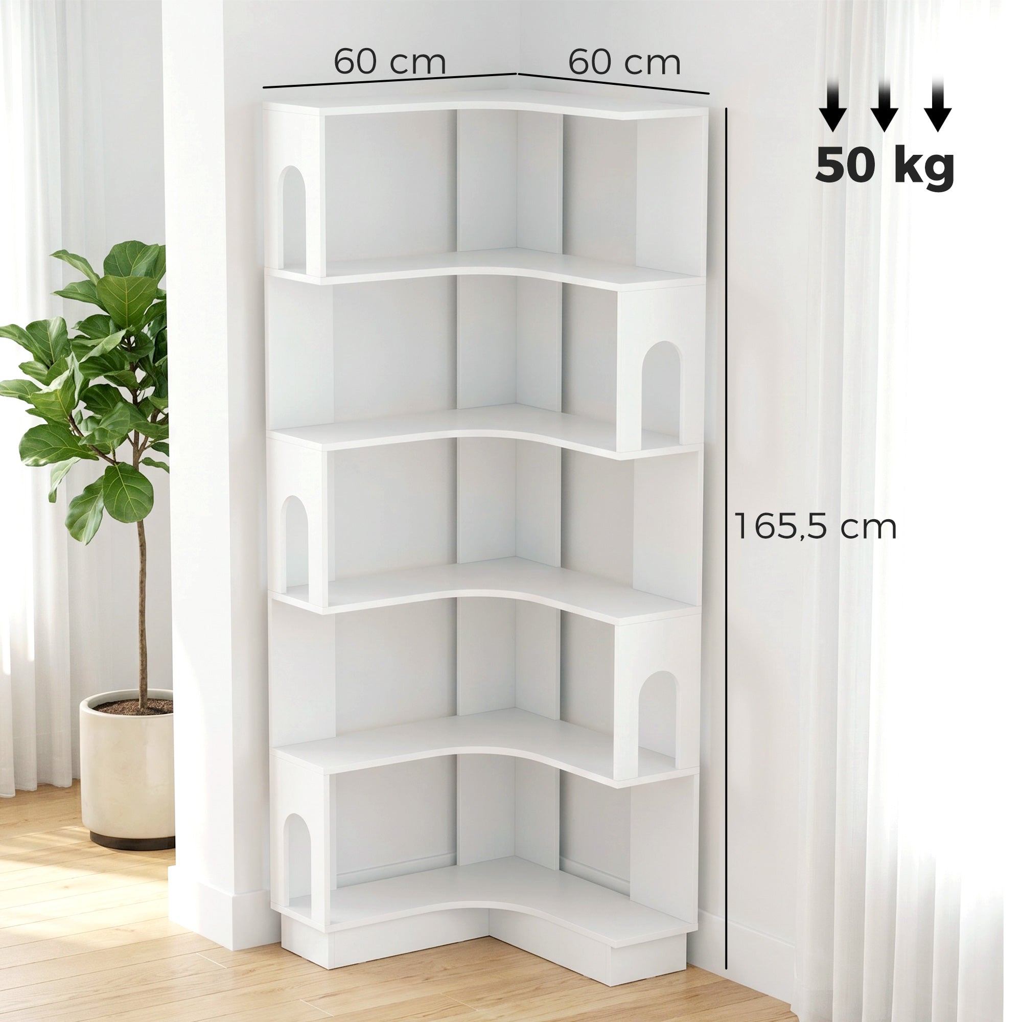 Bibliothèque d'angle, étagère de rangement à 6 niveaux avec panneaux latéraux arqués, style moderne, meuble de rangement pour bureau, salon, chambre, 60 x 60 x 165,5 cm, blanc