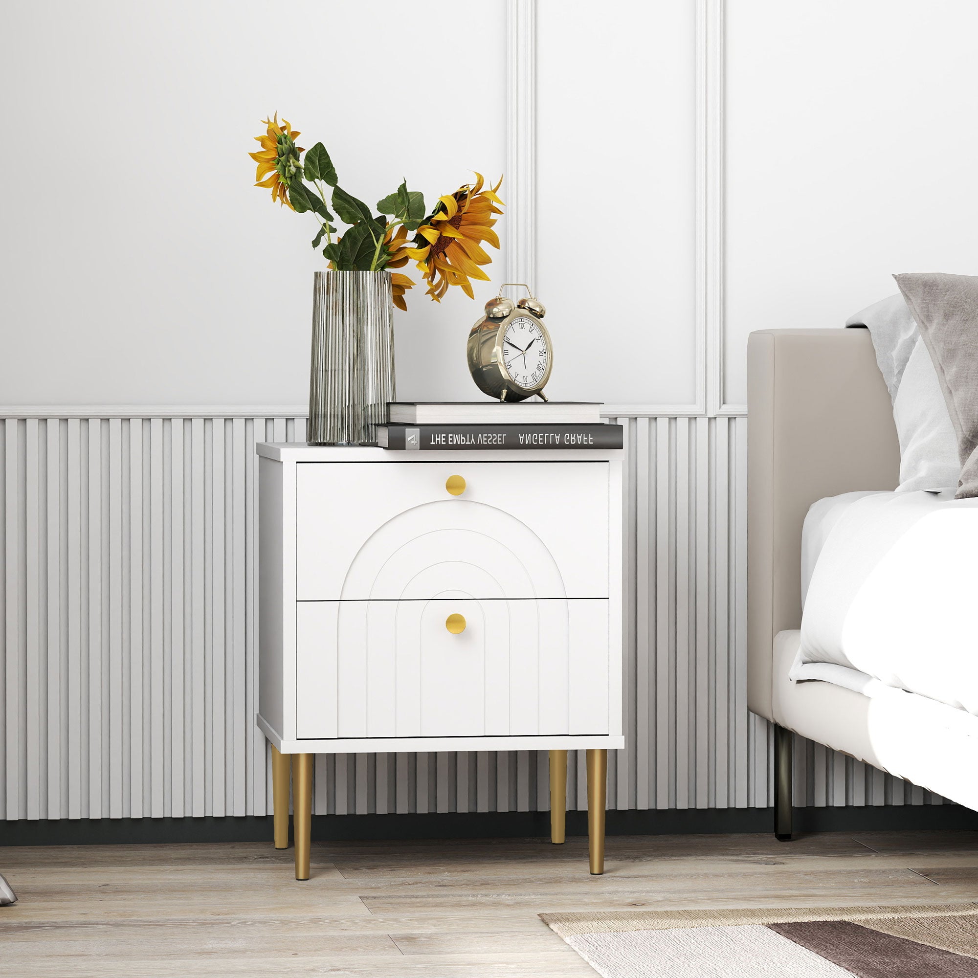 Lot de 2 tables de chevet table de nuit avec 2 tiroirs et pieds en acier, style moderne, tables d'appoint pour chambre à coucher, salon, 40 x 35 x 50 cm, blanc