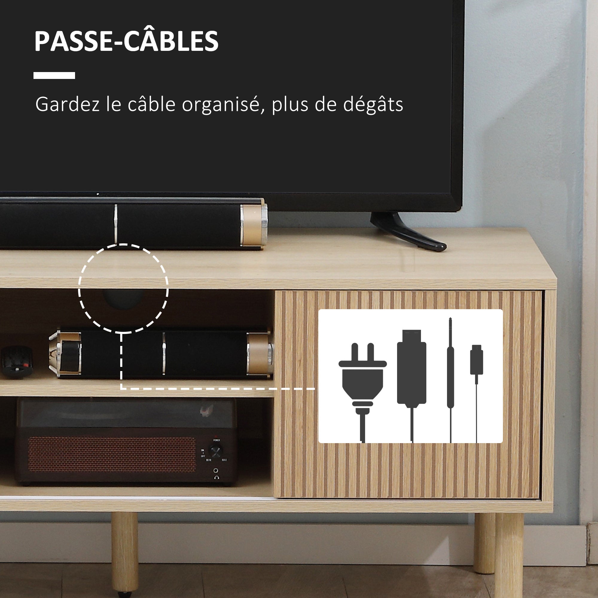 Meuble TV support TV pour télévision jusqu'à 50 pouces 2 portes coulissantes et 2 niches avec passe-câbles - 115 x 40 x 49 cm