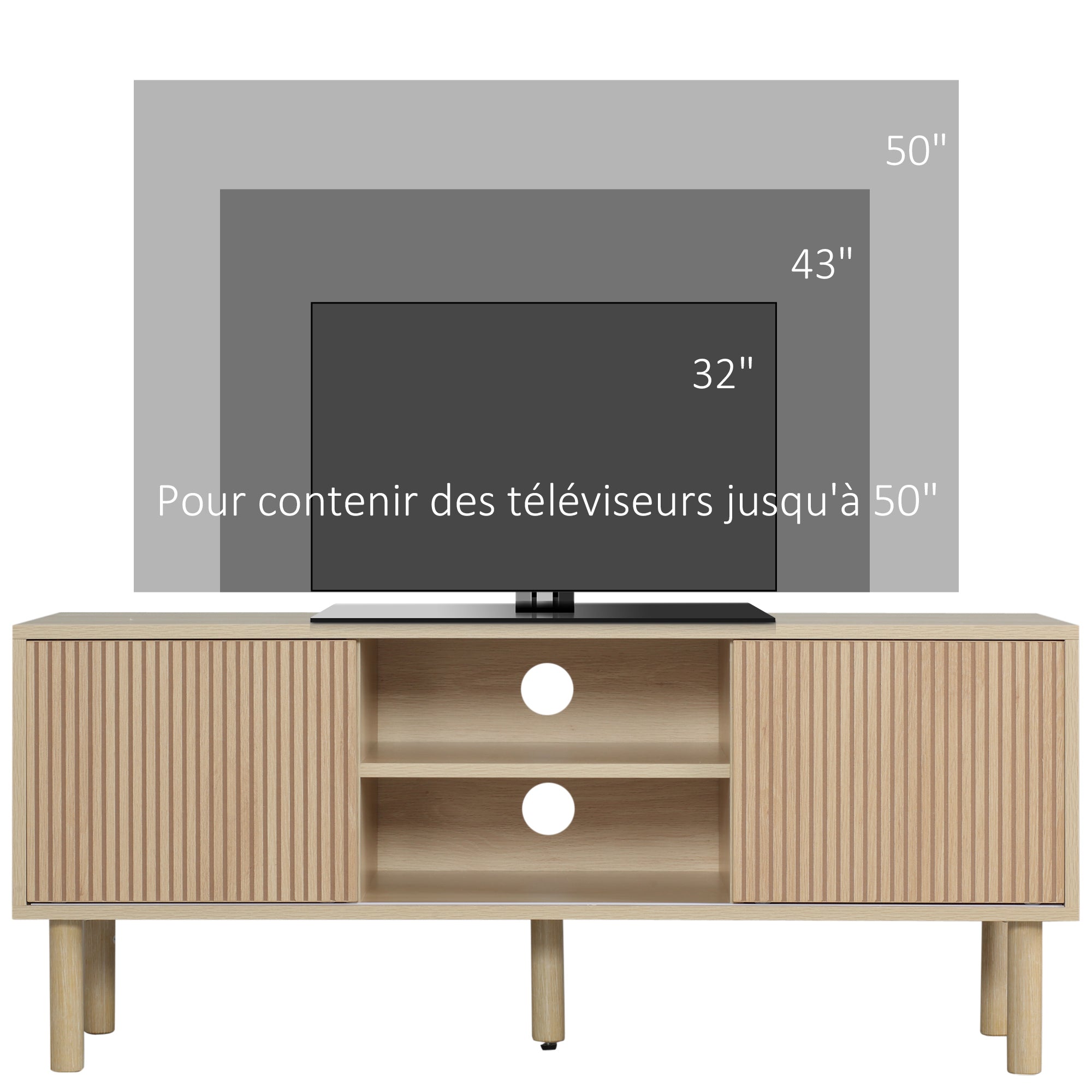 Meuble TV support TV pour télévision jusqu'à 50 pouces 2 portes coulissantes et 2 niches avec passe-câbles - 115 x 40 x 49 cm