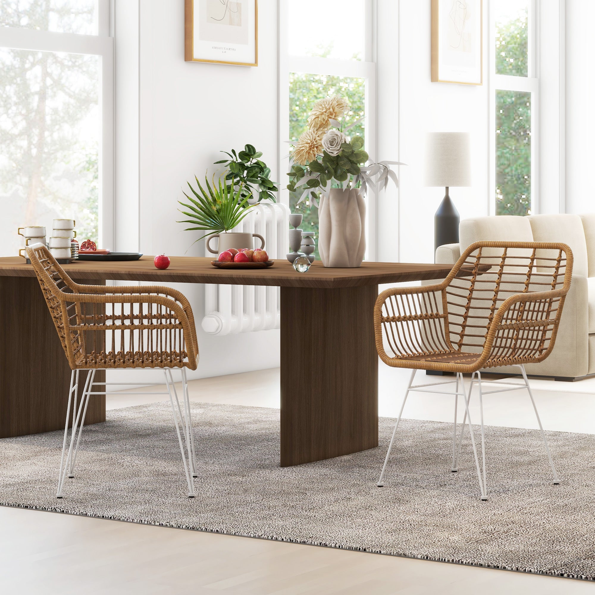 Lot de 2 chaises de salle à manger chaise de cuisine design bohème assise en résine tressée piètement en acier chaise à dînner 56 x 60 x 79 cm blanc