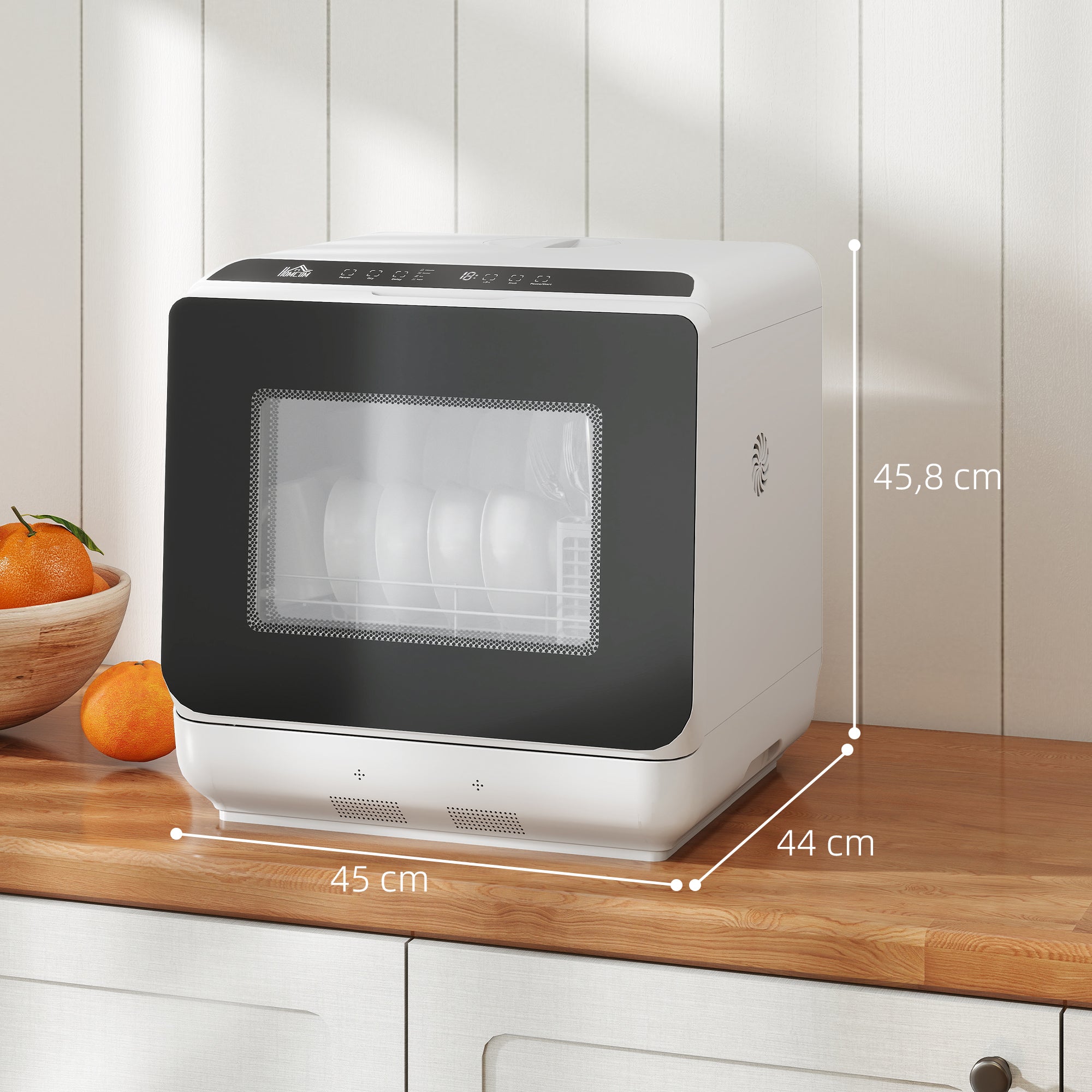 Mini lave-vaisselle compact 4 couverts, lave vaisselle de table, 6 programmes, commande tactile, écran LED, réservoir 6 L, départ différé, double alimentation en eau et séchage à l'air, blanc