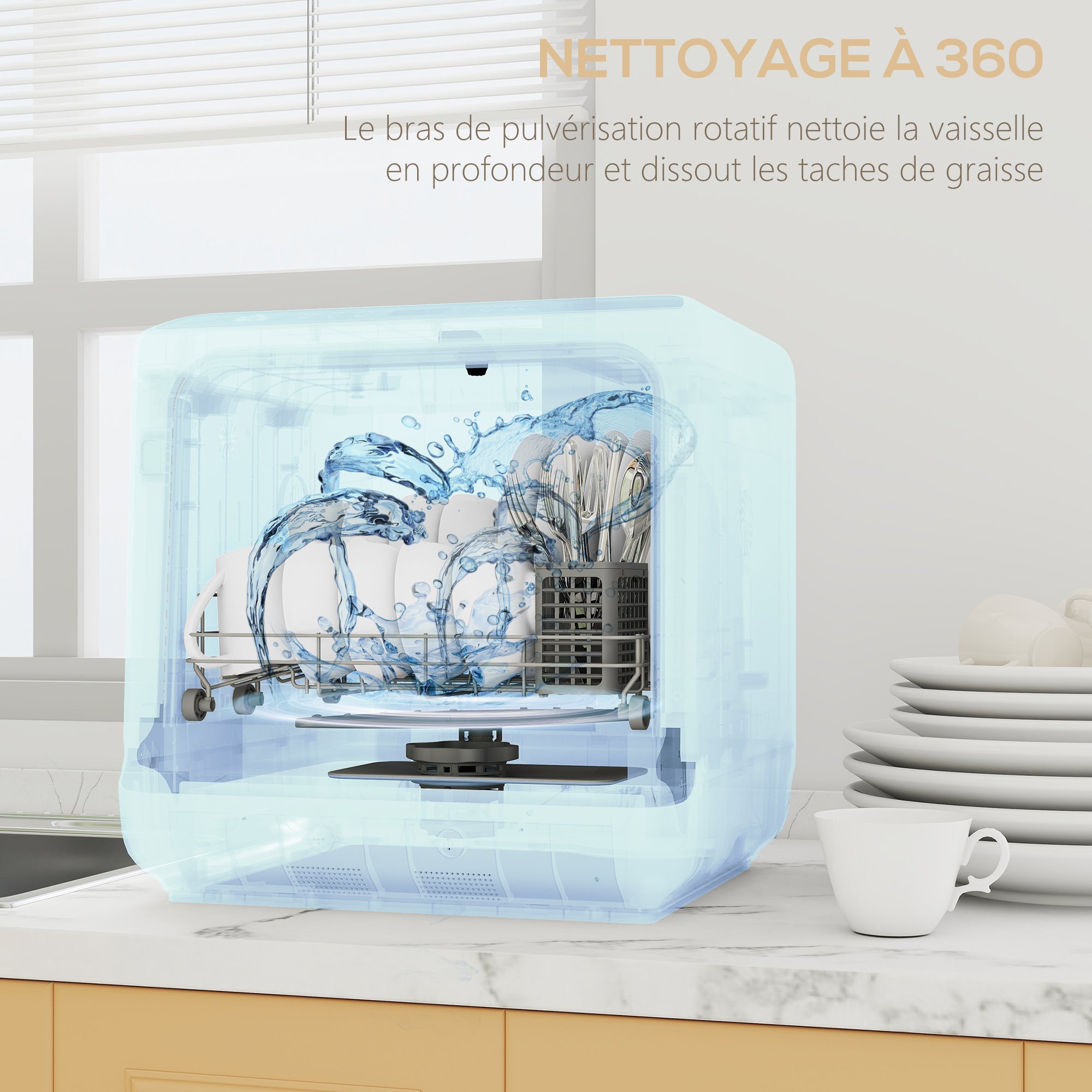 Mini lave-vaisselle compact 4 couverts, lave vaisselle de table, 6 programmes, commande tactile, écran LED, réservoir 6 L, départ différé, double alimentation en eau et séchage à l'air, blanc