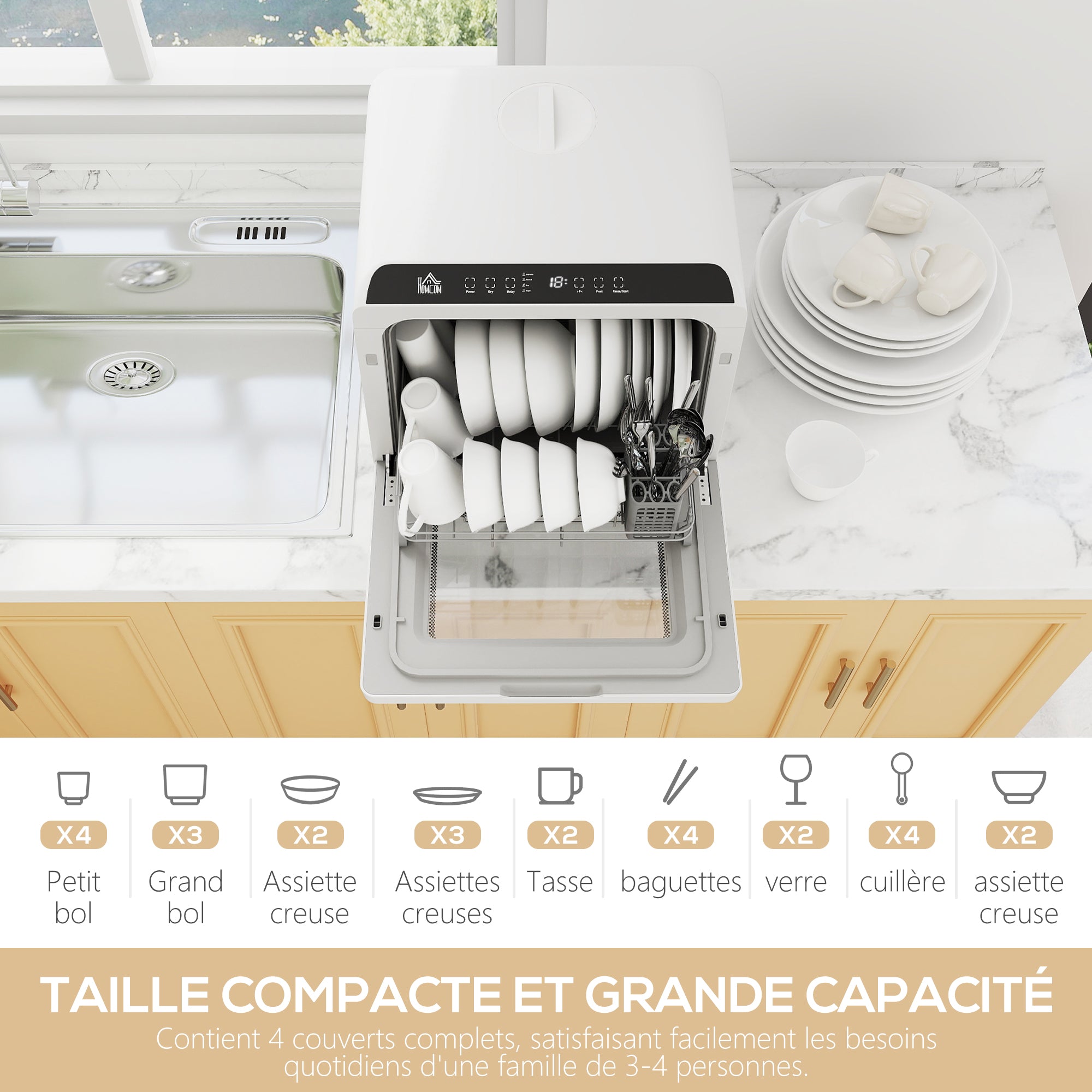Mini lave-vaisselle compact 4 couverts, lave vaisselle de table, 6 programmes, commande tactile, écran LED, réservoir 6 L, départ différé, double alimentation en eau et séchage à l'air, blanc