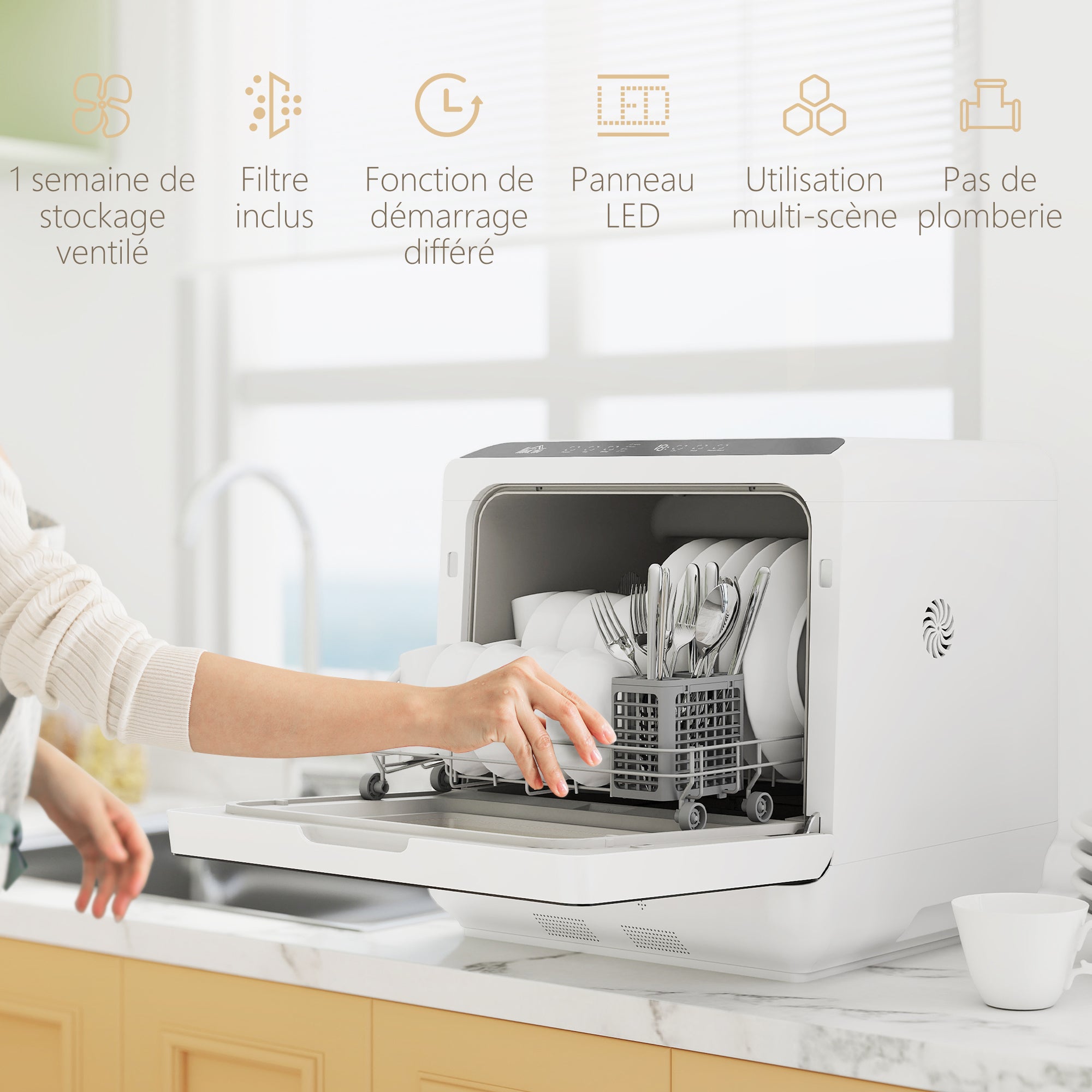 Mini lave-vaisselle compact 4 couverts, lave vaisselle de table, 6 programmes, commande tactile, écran LED, réservoir 6 L, départ différé, double alimentation en eau et séchage à l'air, blanc
