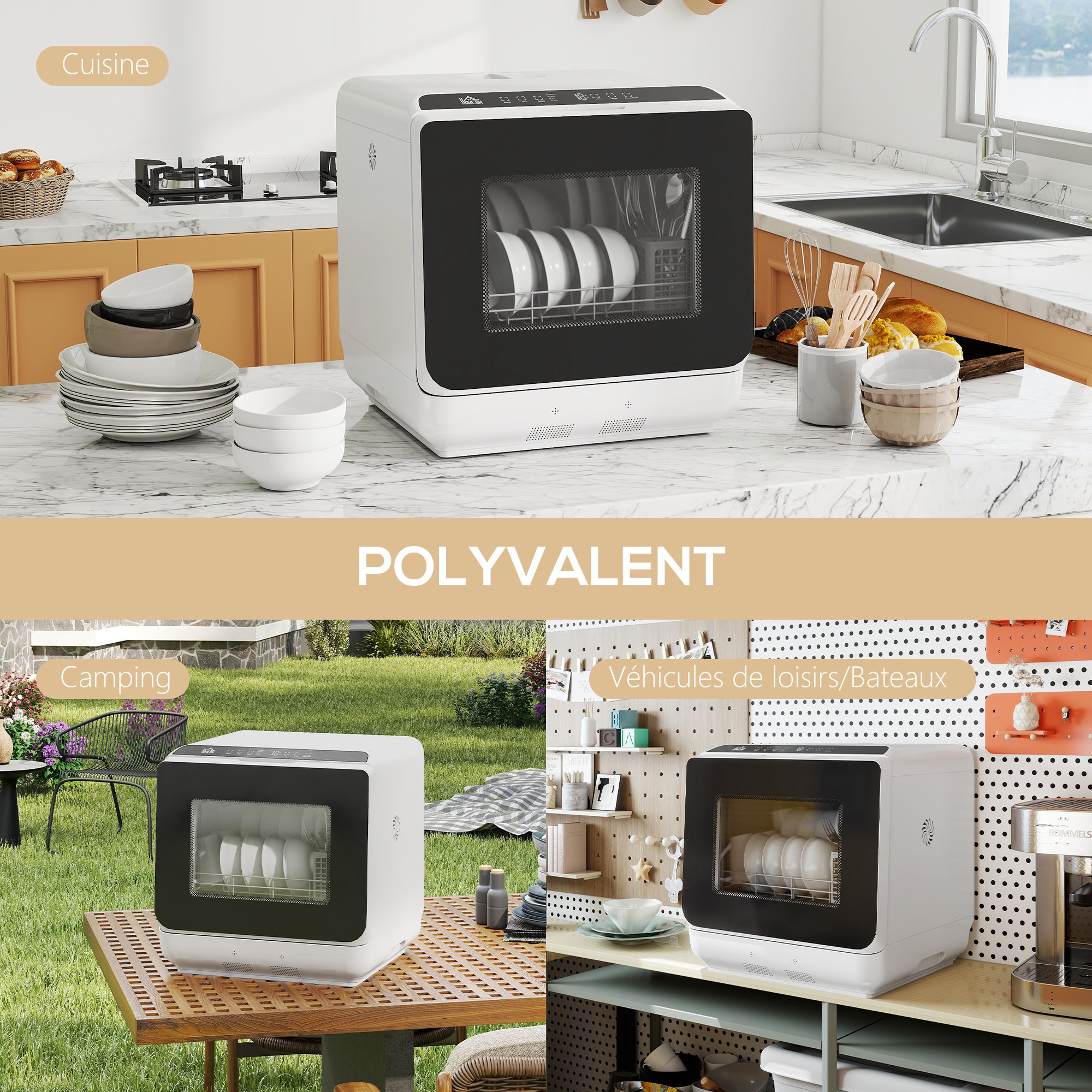 Mini lave-vaisselle compact 4 couverts, lave vaisselle de table, 6 programmes, commande tactile, écran LED, réservoir 6 L, départ différé, double alimentation en eau et séchage à l'air, blanc