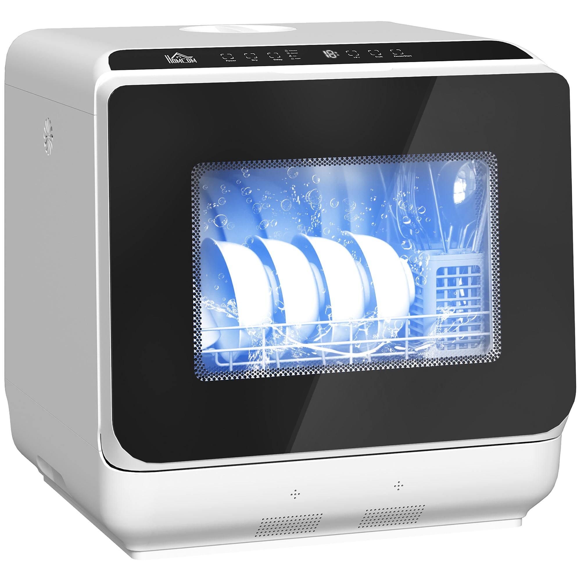 Mini lave-vaisselle compact 4 couverts, lave vaisselle de table, 6 programmes, commande tactile, écran LED, réservoir 6 L, départ différé, double alimentation en eau et séchage à l'air, blanc