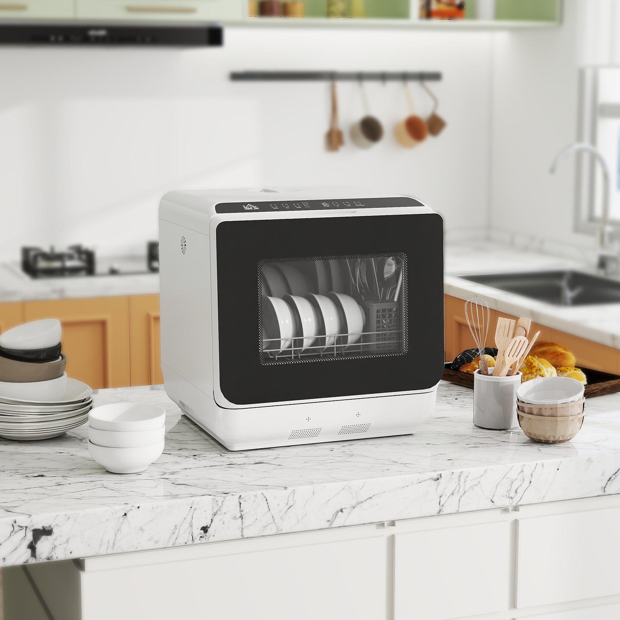 Mini lave-vaisselle compact 4 couverts, lave vaisselle de table, 6 programmes, commande tactile, écran LED, réservoir 6 L, départ différé, double alimentation en eau et séchage à l'air, blanc