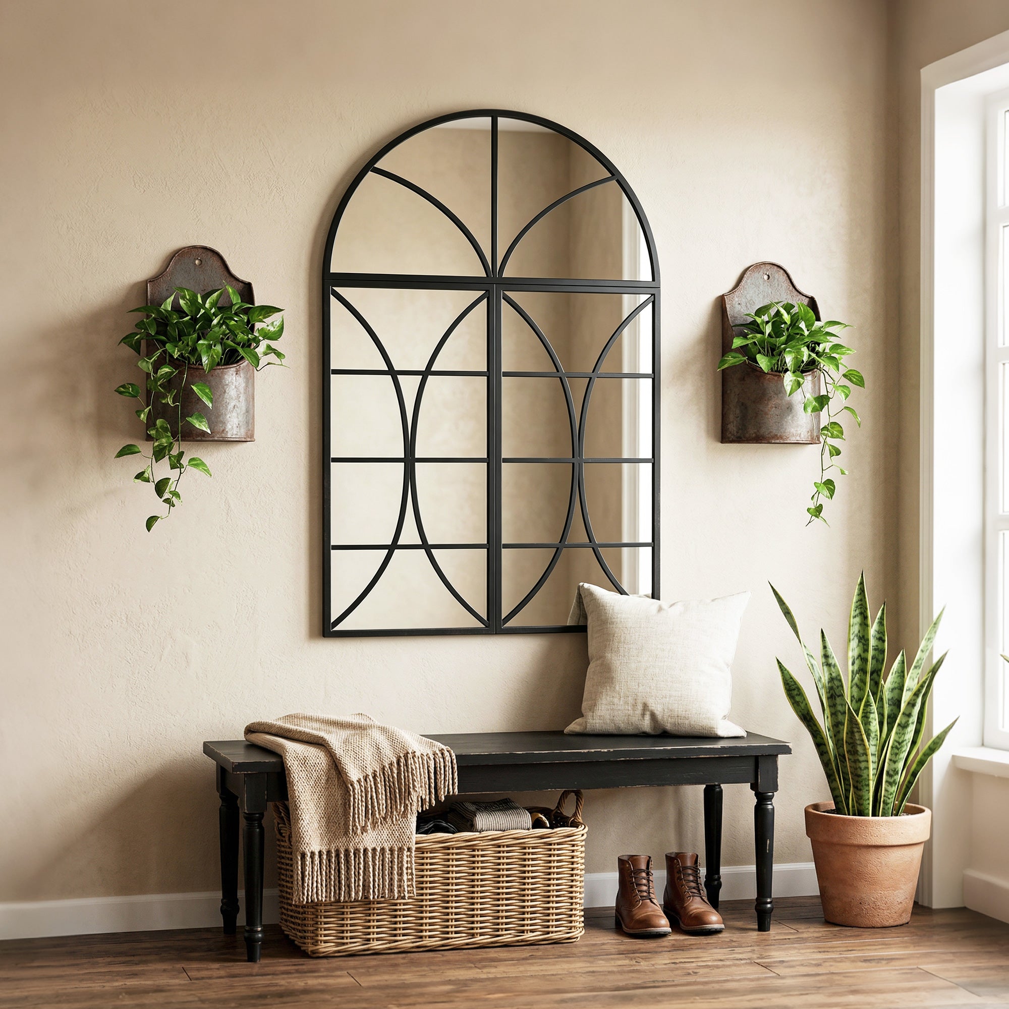 Miroir Mural Arqué 80 x 120 cm, Lot de 3 Pièces, Miroir Verrière Décoratif en Forme de Fenêtre, Verre Trempé Incassable, Cadre en Métal, pour Salon, Chambre à Coucher, Couloir, Noir