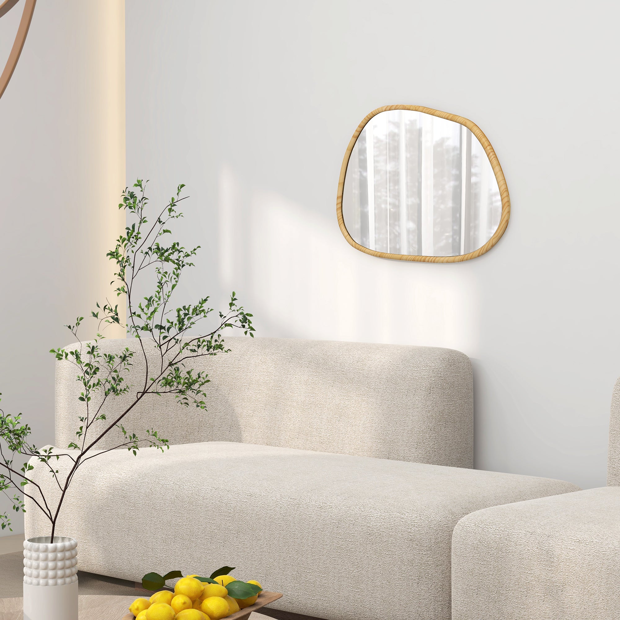 Miroir mural, miroir décoratif, forme organique, 70 x 50 cm, horizontal ou vertical, avec cadre en bois de pin, miroir suspendu pour salle de bain, chambre, salon, couloir, naturel