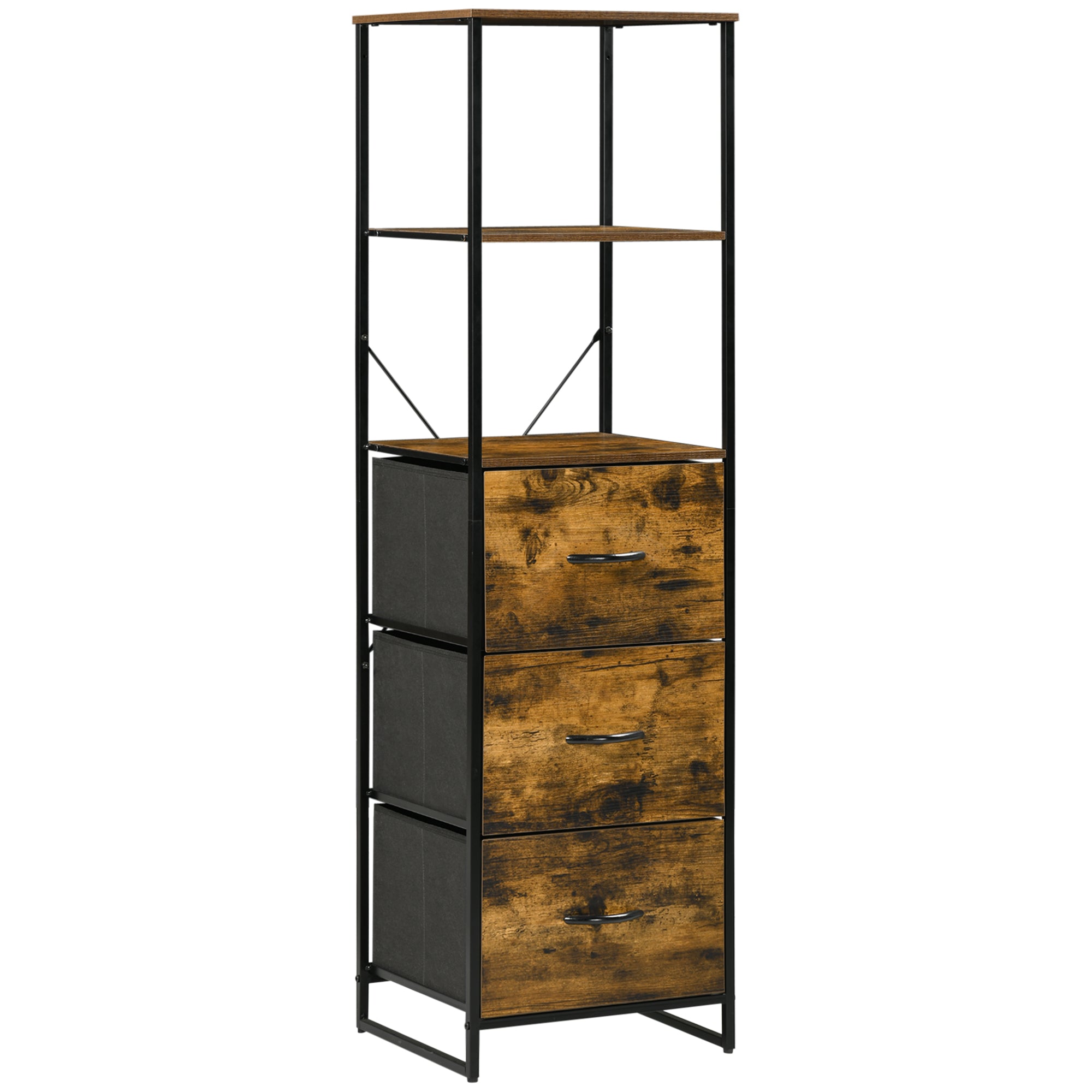 Bibliothèque Étagère Verticale de rangement avec 3 tiroirs en tissu amovibles - style industriel - dim. 44L x 40l x 155H cm, Chambre, Salon, Bureau, marron