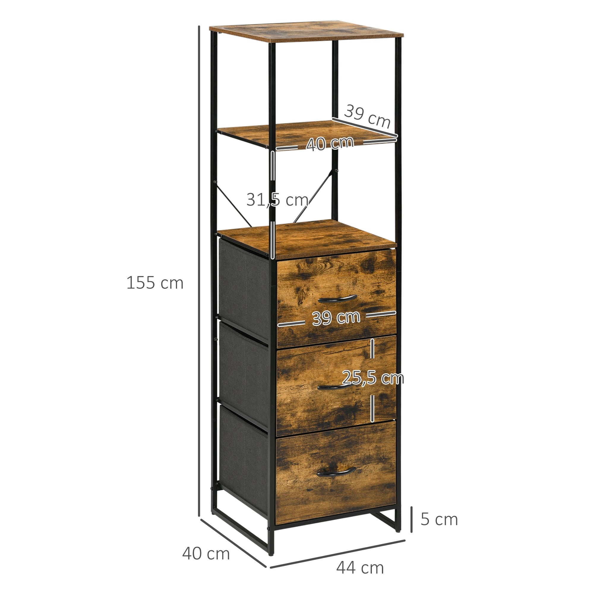 Bibliothèque Étagère Verticale de rangement avec 3 tiroirs en tissu amovibles - style industriel - dim. 44L x 40l x 155H cm, Chambre, Salon, Bureau, marron
