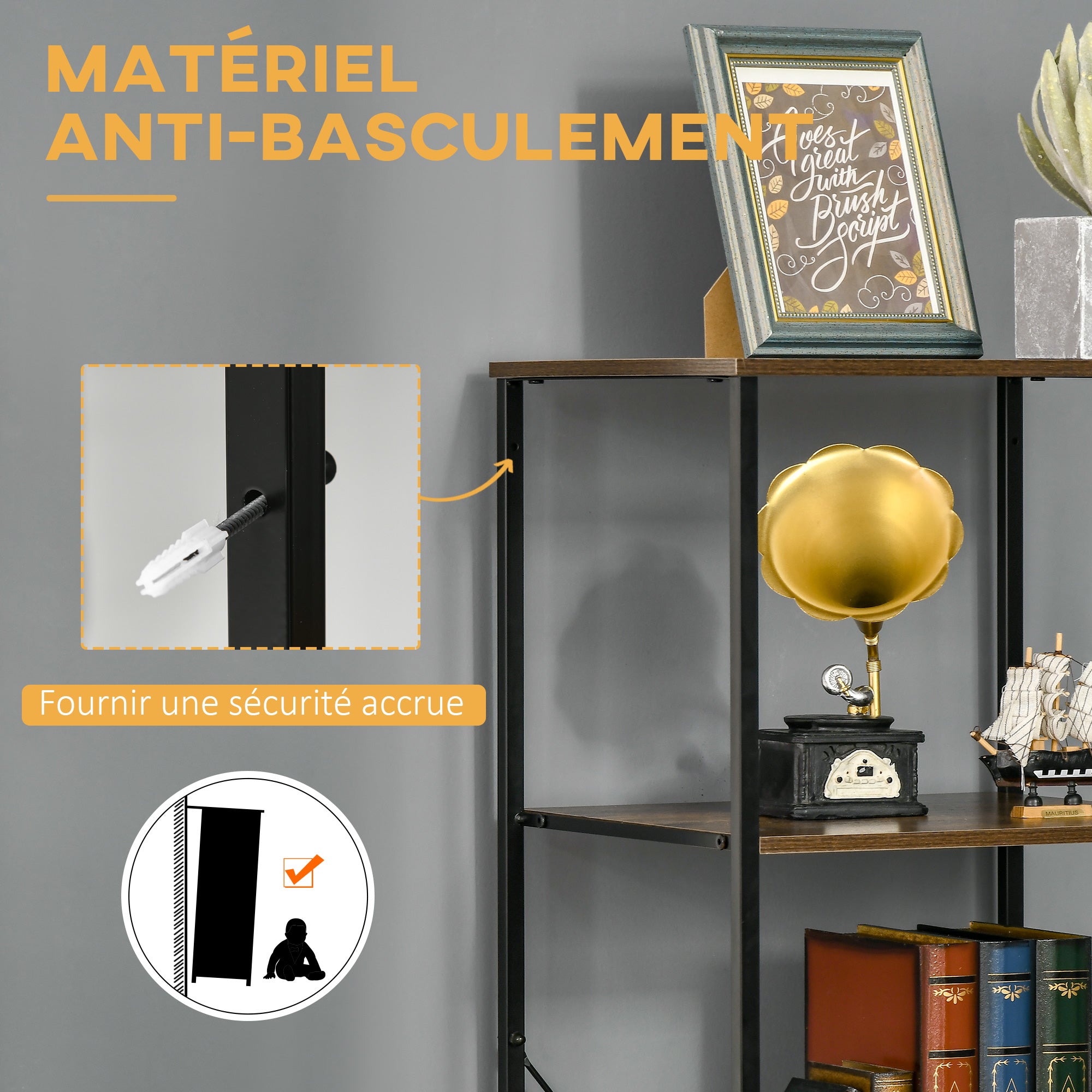 Bibliothèque Étagère Verticale de rangement avec 3 tiroirs en tissu amovibles - style industriel - dim. 44L x 40l x 155H cm, Chambre, Salon, Bureau, marron