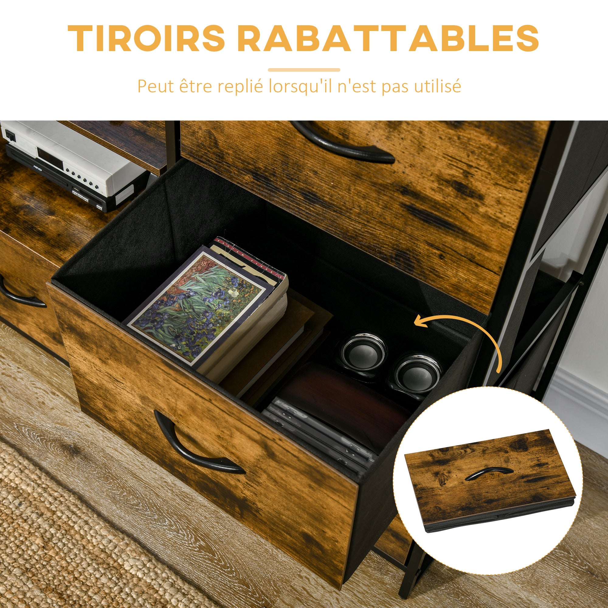 Bibliothèque Étagère Verticale de rangement avec 3 tiroirs en tissu amovibles - style industriel - dim. 44L x 40l x 155H cm, Chambre, Salon, Bureau, marron