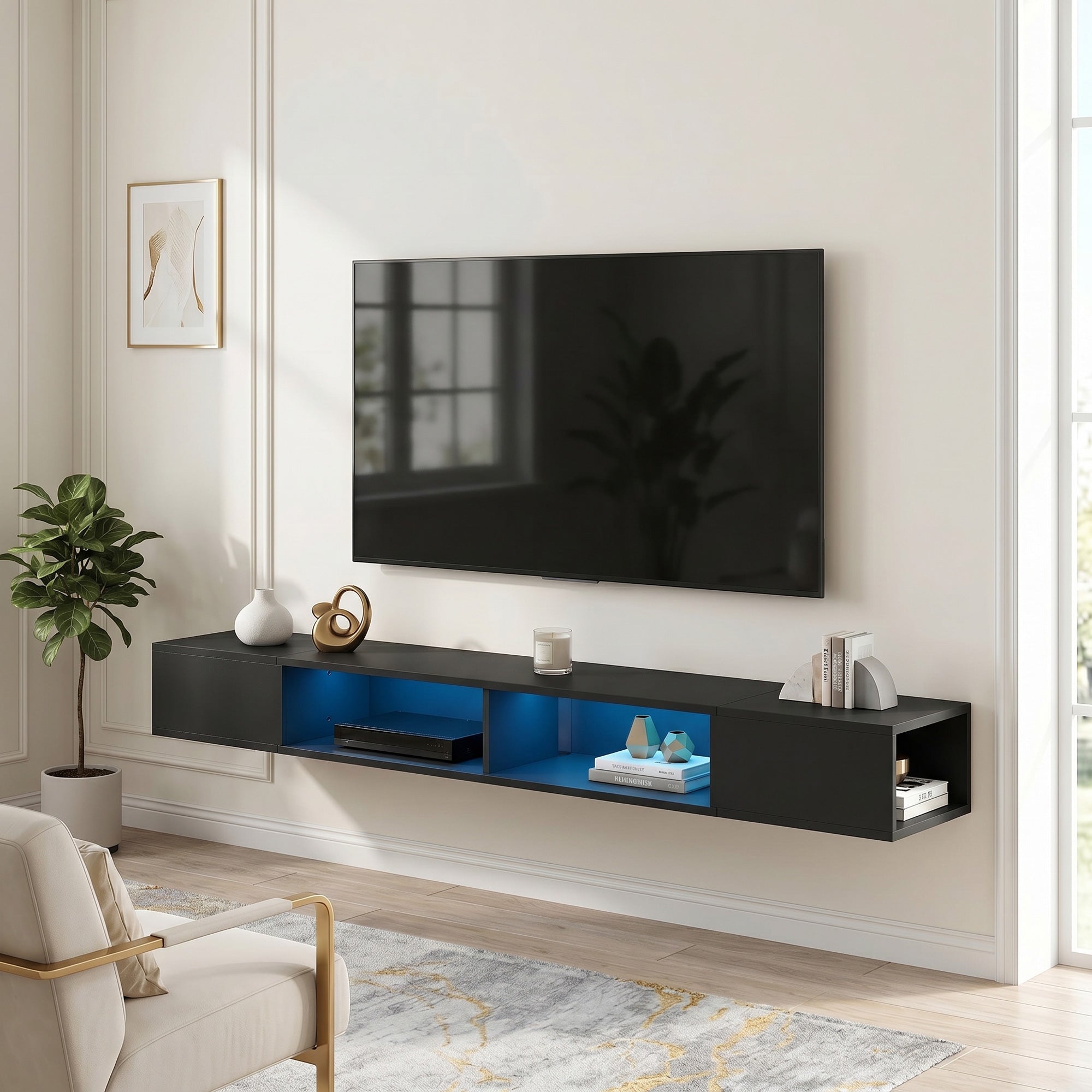 Meuble TV suspendu 180 cm avec éclairage LED RGB, meuble télé pour téléviseur jusqu'à 75 pouces avec étagères ouvertes, banc TV mural pour salon, noir
