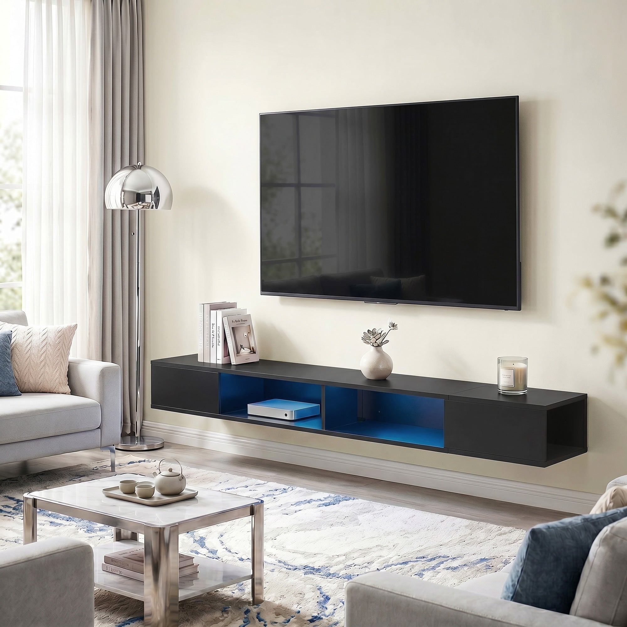 Meuble TV suspendu 180 cm avec éclairage LED RGB, meuble télé pour téléviseur jusqu'à 75 pouces avec étagères ouvertes, banc TV mural pour salon, noir