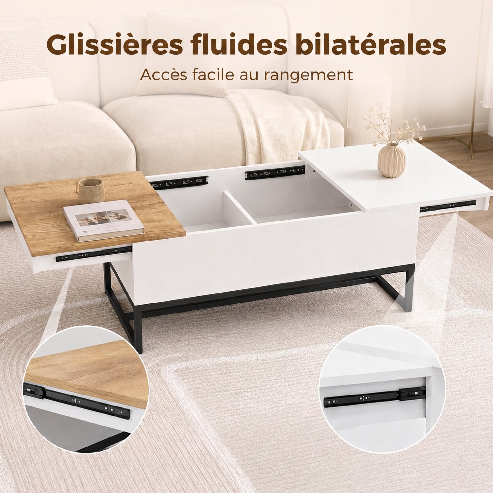 Table Basse Extensible avec Plateau Coulissant, Table de Salon avec Rangement Caché et Pieds en Acier, Style Moderne, pour Chambre, Séjour et Bureau, 100 x 50 x 45 cm, Blanc