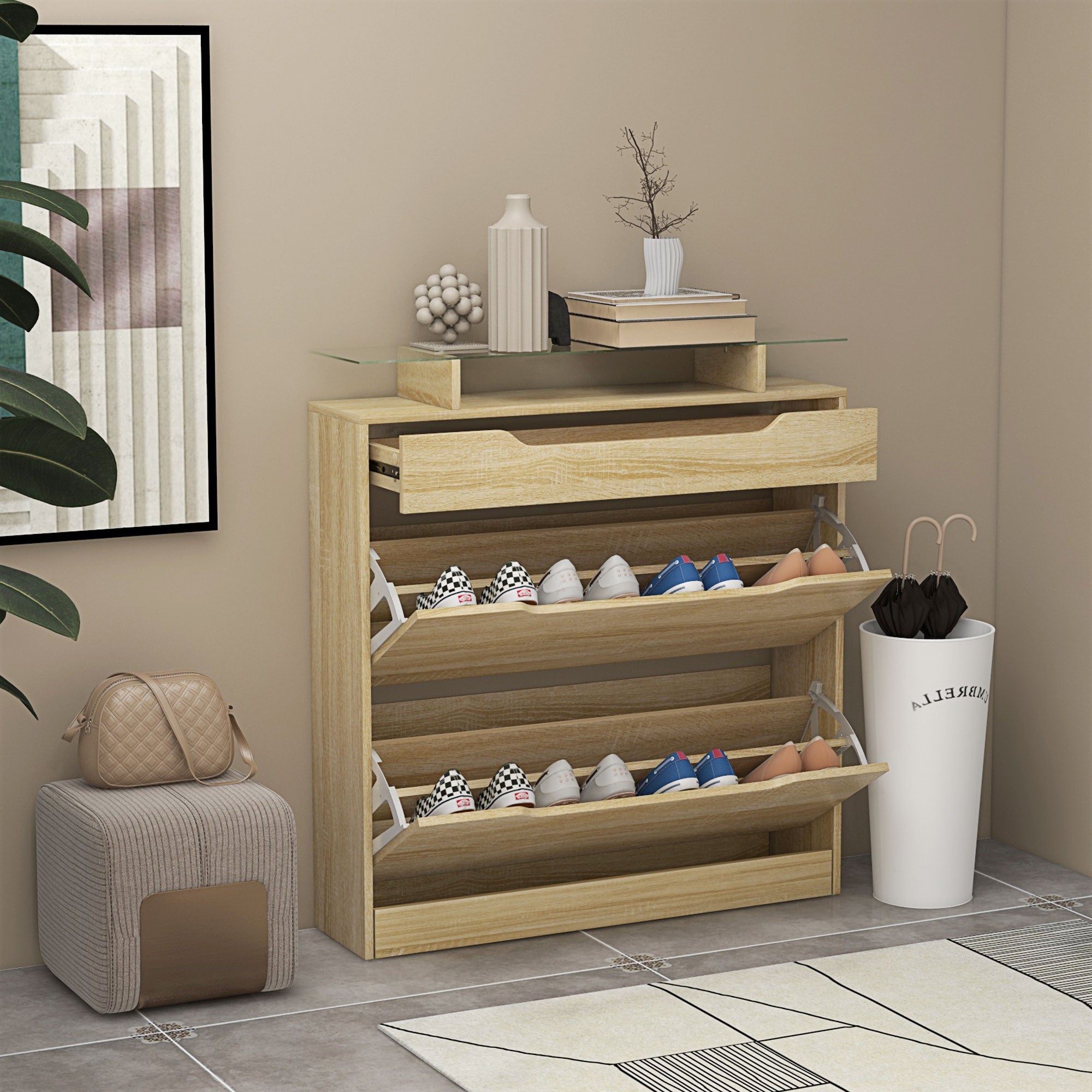 Armoire à Chaussures avec 2 tiroirs rabattables + 1 tiroir Coulissant + 1 comptoir et 1 Plateau en Verre étagère réglable sur 2 Niveaux 89 x 23 x 96 cm chêne