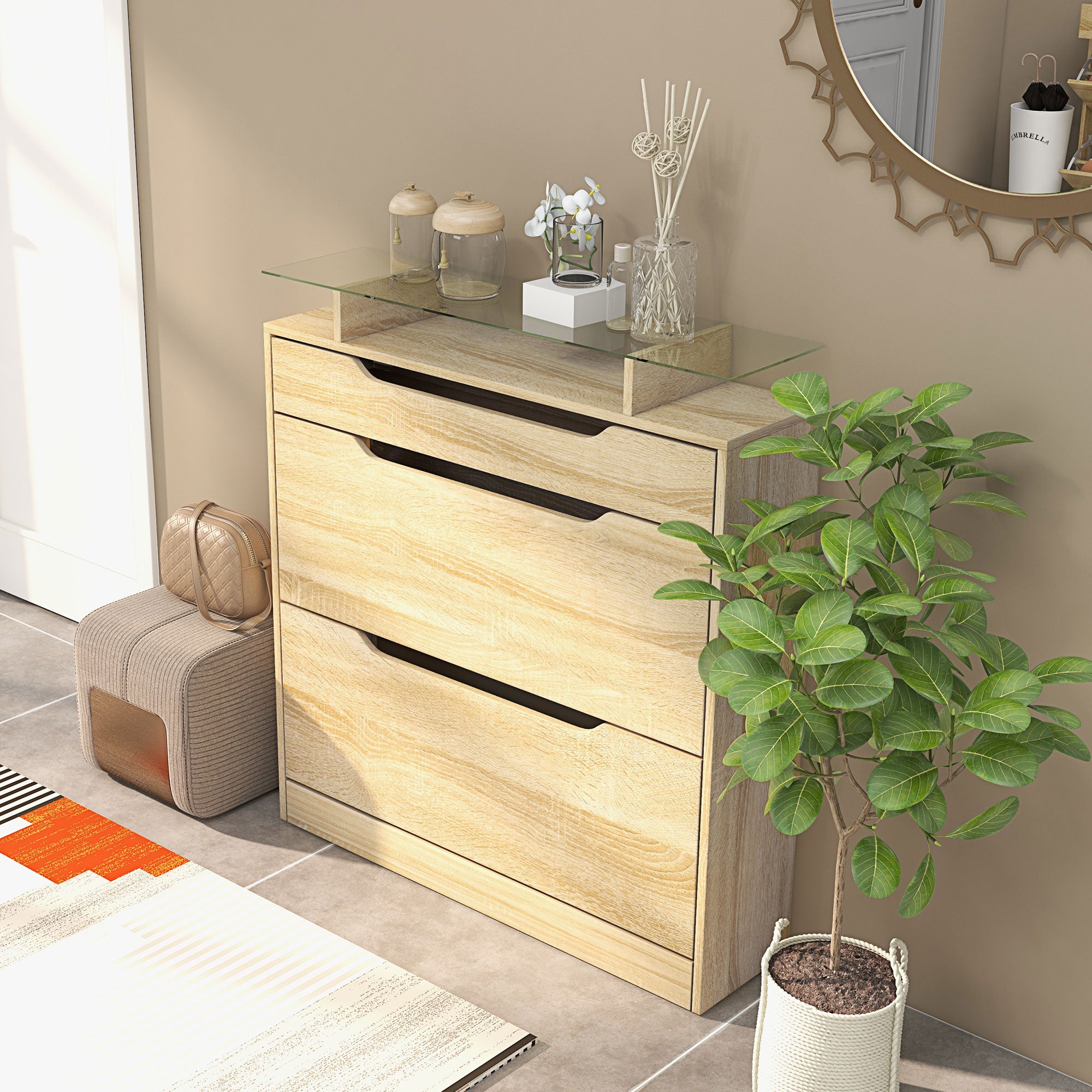 Armoire à Chaussures avec 2 tiroirs rabattables + 1 tiroir Coulissant + 1 comptoir et 1 Plateau en Verre étagère réglable sur 2 Niveaux 89 x 23 x 96 cm chêne
