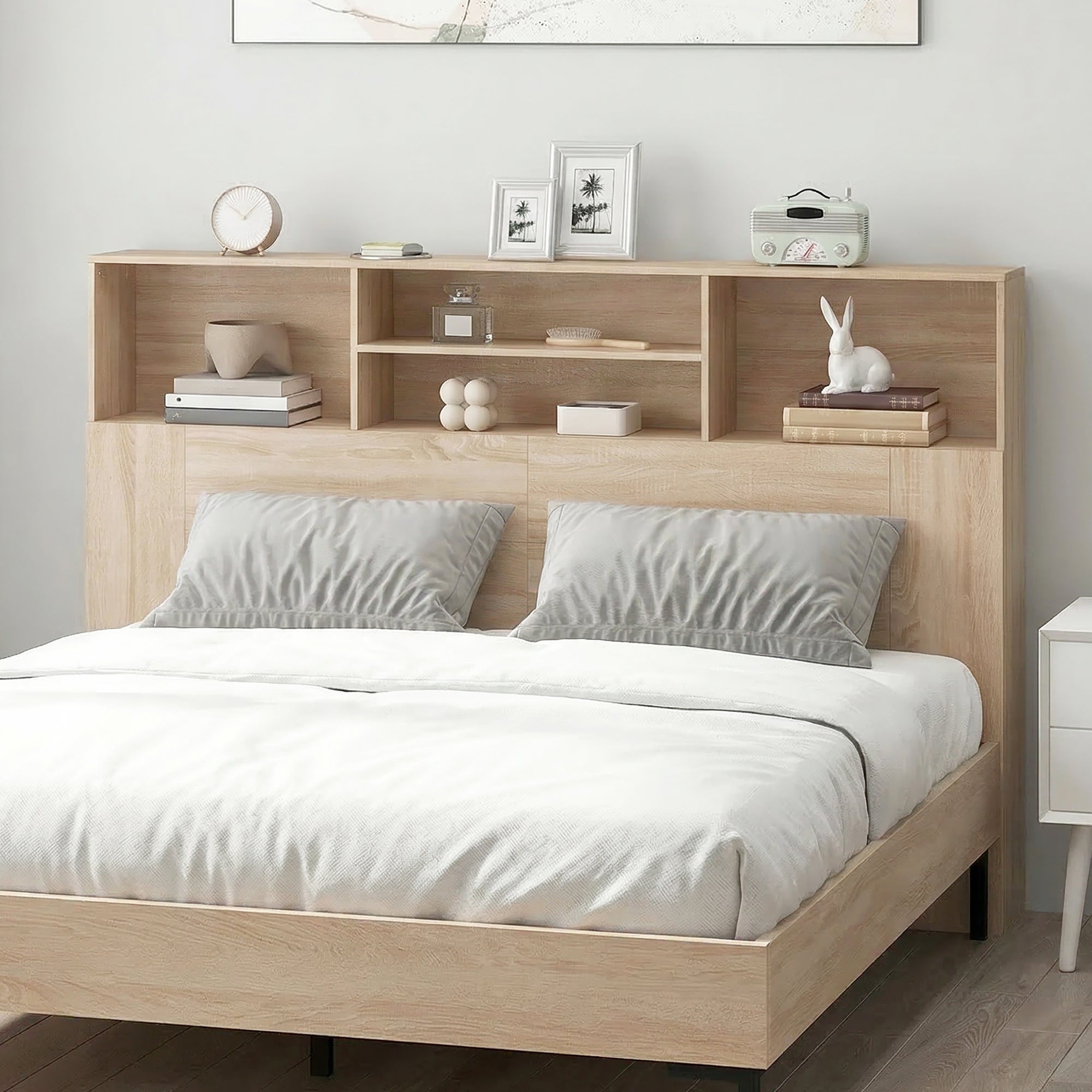 Tête de lit sur pied 160 cm avec rangements, accessoire de lit moderne avec 4 compartiments ouverts pour chambre, 160 x 20,2 x 108,2 cm, bois naturel