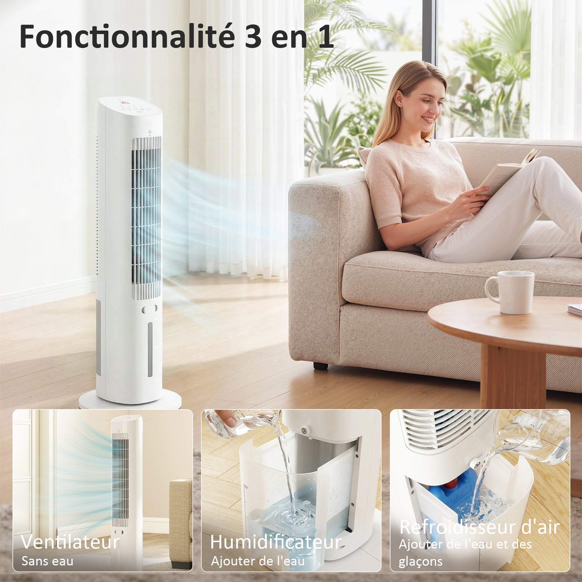 Refroidisseur d'air colonne 3 en 1 refroidisseur humidificateur et ventilateur, oscillation 48°, 3 vitesses 3 modes, réservoir d'eau 3L, blocs de glace, télécommande, pour chambre bureau, blanc