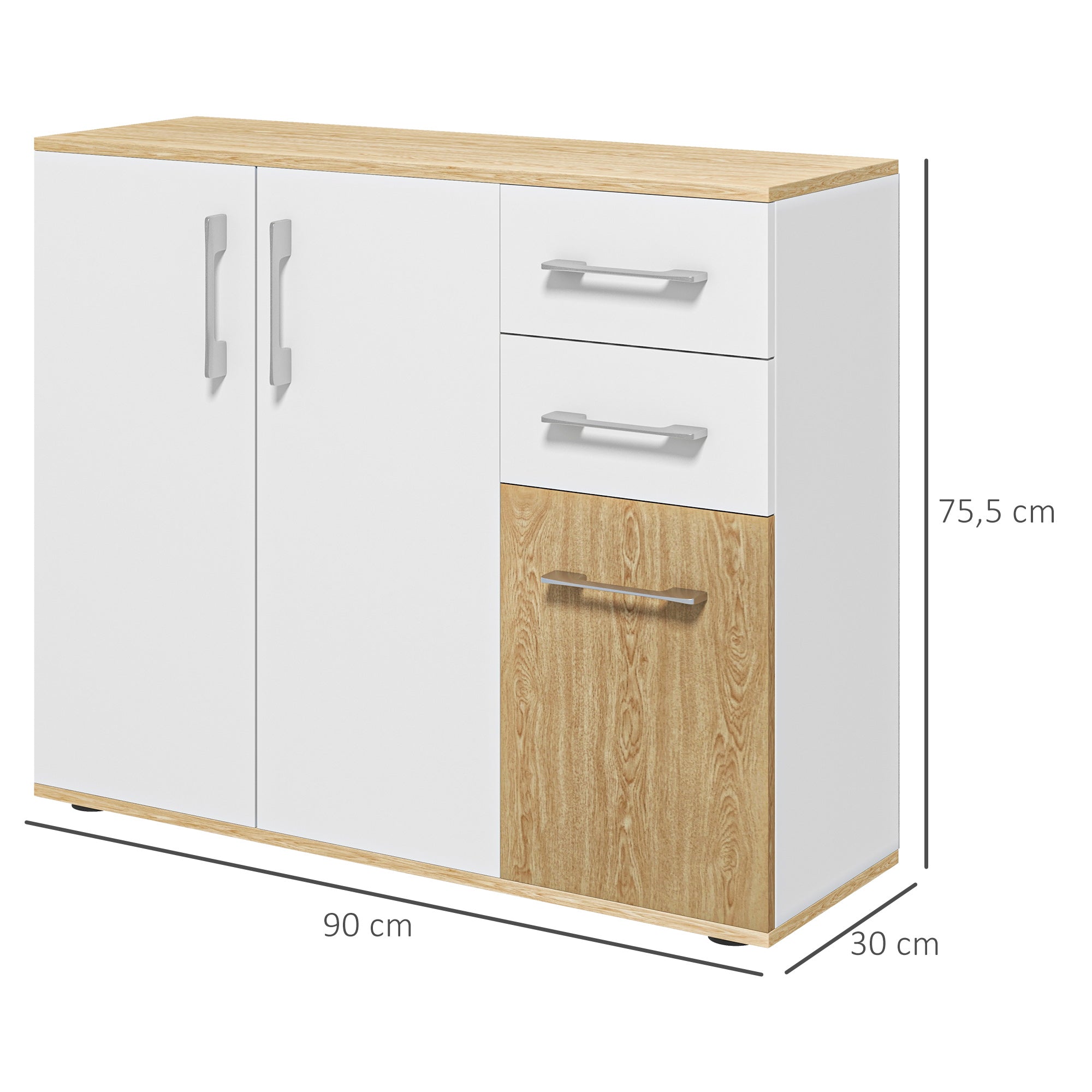 Buffet salon, meuble de rangement avec 3 portes, 2 tiroirs et étagère réglable, style moderne, buffet salle à manger, cuisine et salon, 90 x 30 x 75,5 cm, blanc et bois naturel
