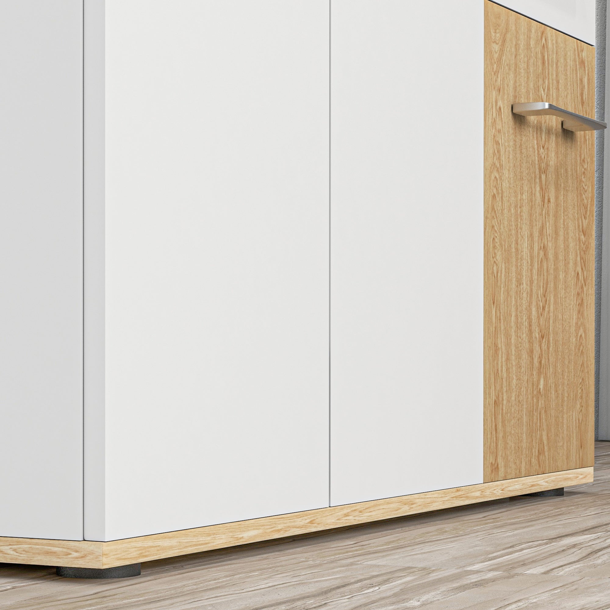 Buffet salon, meuble de rangement avec 3 portes, 2 tiroirs et étagère réglable, style moderne, buffet salle à manger, cuisine et salon, 90 x 30 x 75,5 cm, blanc et bois naturel