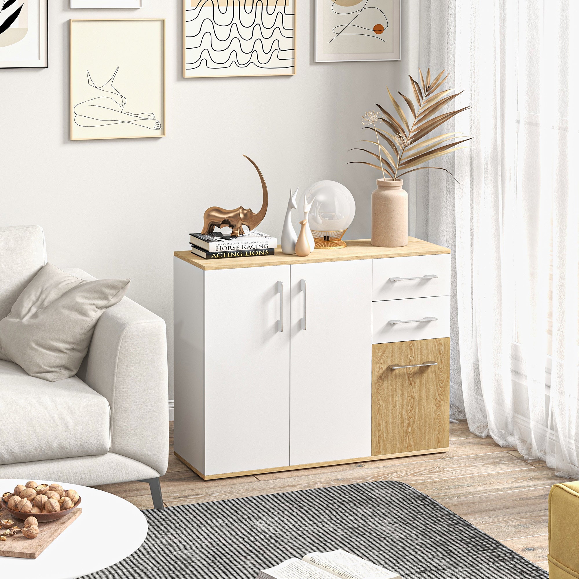 Buffet salon, meuble de rangement avec 3 portes, 2 tiroirs et étagère réglable, style moderne, buffet salle à manger, cuisine et salon, 90 x 30 x 75,5 cm, blanc et bois naturel