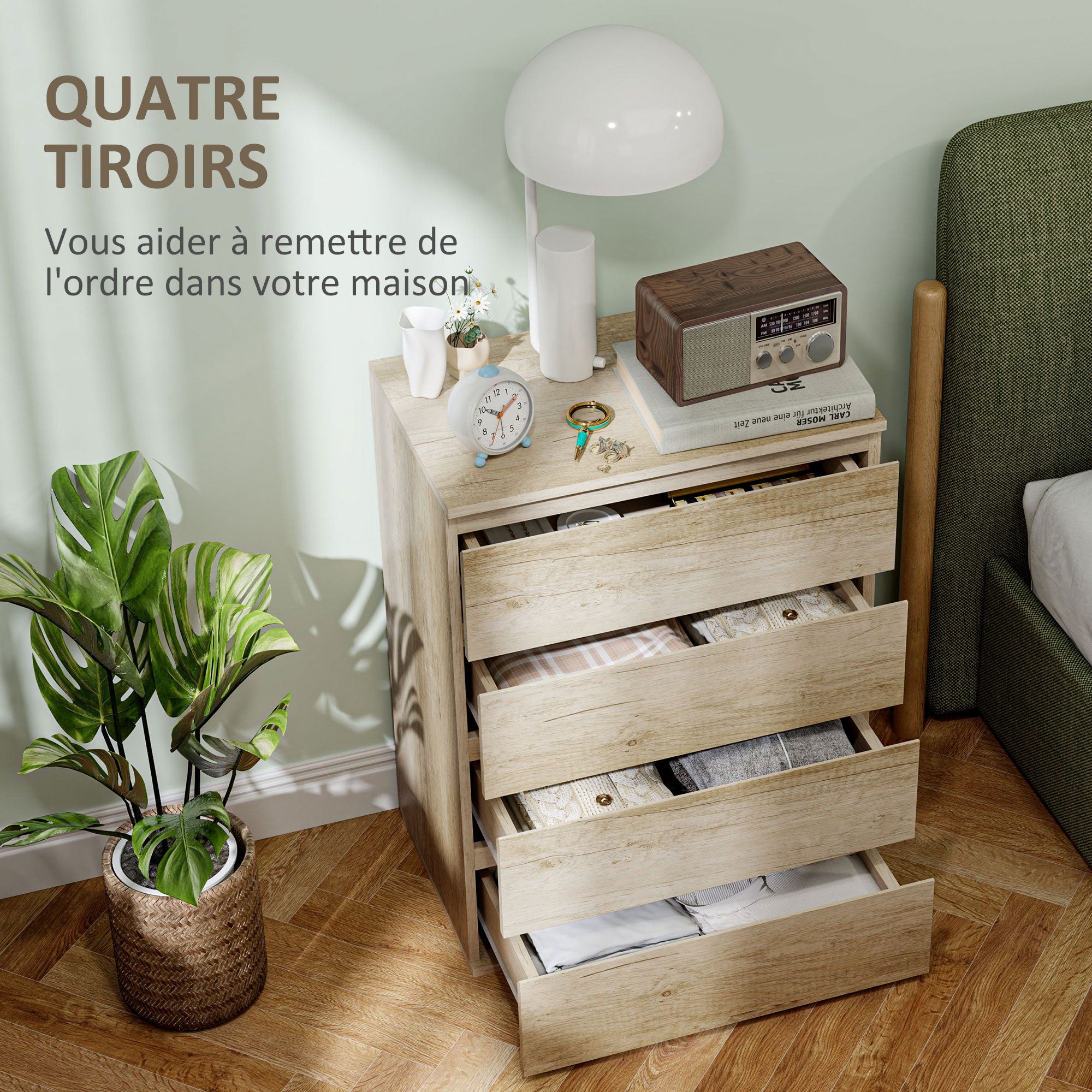 Commode 4 tiroirs commode chambre meuble de rangement épuré style moderne avec mécanisme de fermeture en douceur, pour chambre à coucher, salon - 60 x 40 x 80 cm, bois naturel