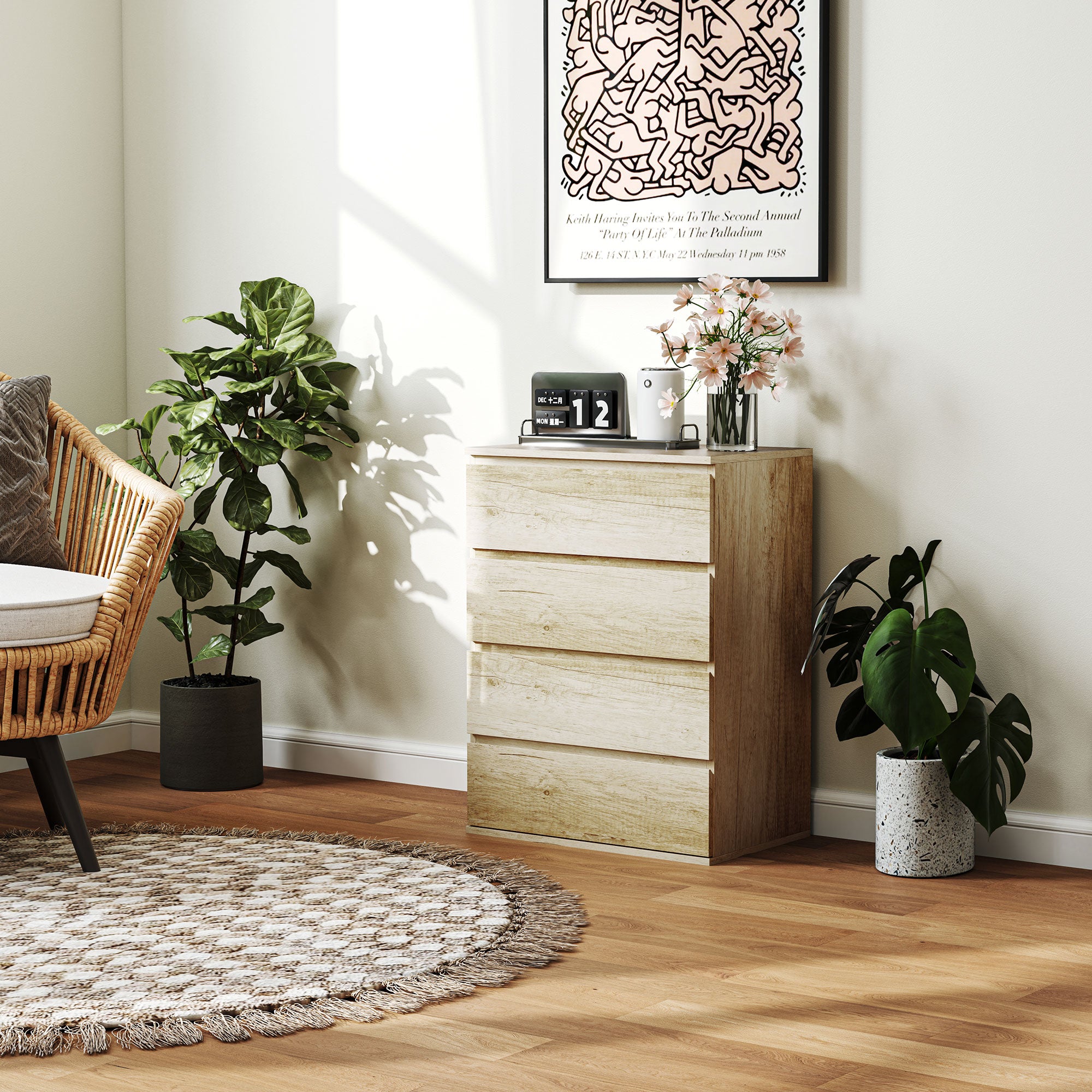 Commode 4 tiroirs commode chambre meuble de rangement épuré style moderne avec mécanisme de fermeture en douceur, pour chambre à coucher, salon - 60 x 40 x 80 cm, bois naturel