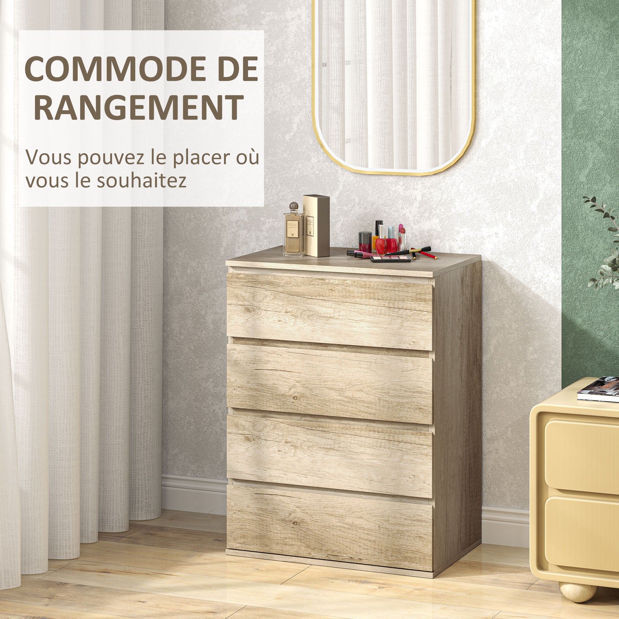 Commode 4 tiroirs commode chambre meuble de rangement épuré style moderne avec mécanisme de fermeture en douceur, pour chambre à coucher, salon - 60 x 40 x 80 cm, bois naturel