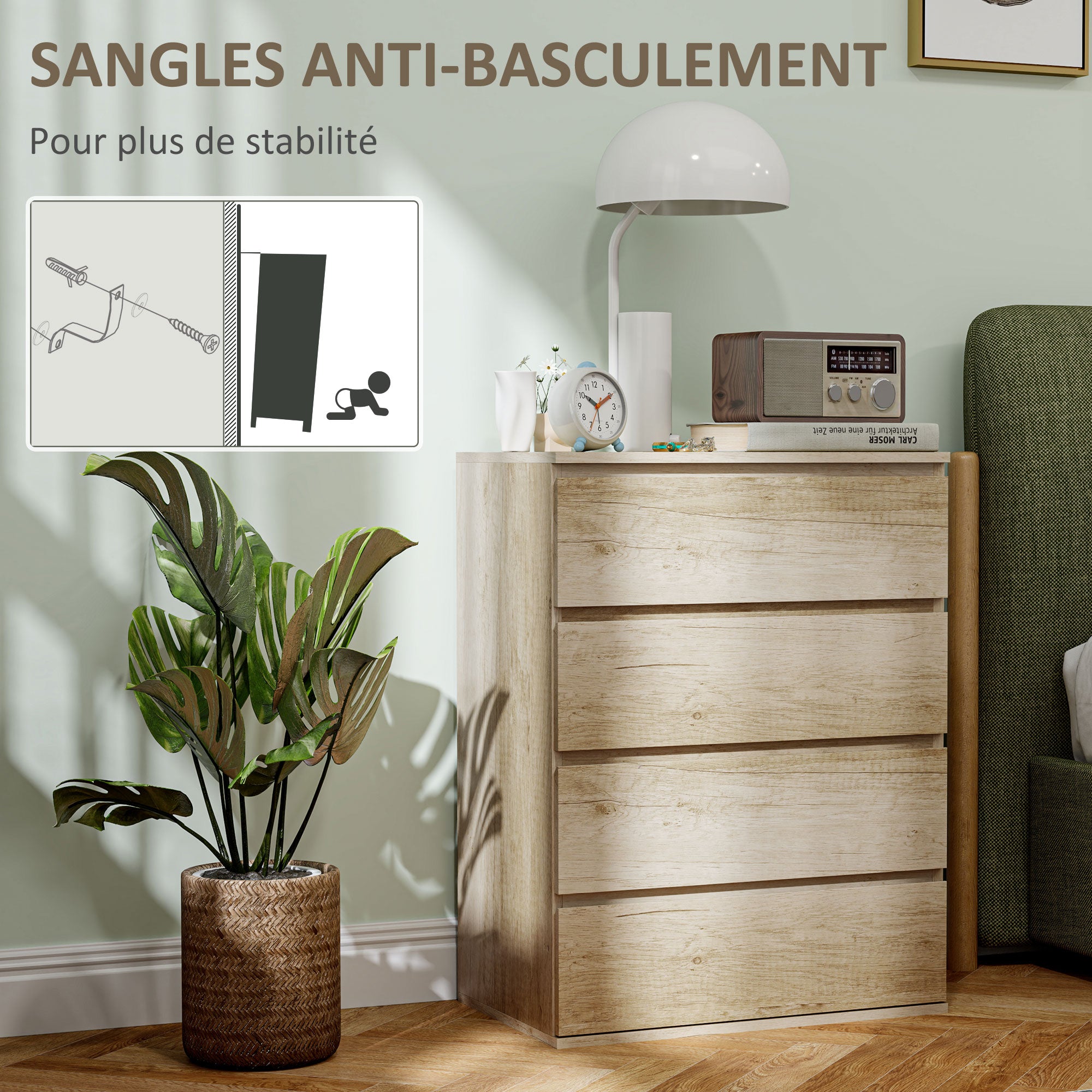 Commode 4 tiroirs commode chambre meuble de rangement épuré style moderne avec mécanisme de fermeture en douceur, pour chambre à coucher, salon - 60 x 40 x 80 cm, bois naturel