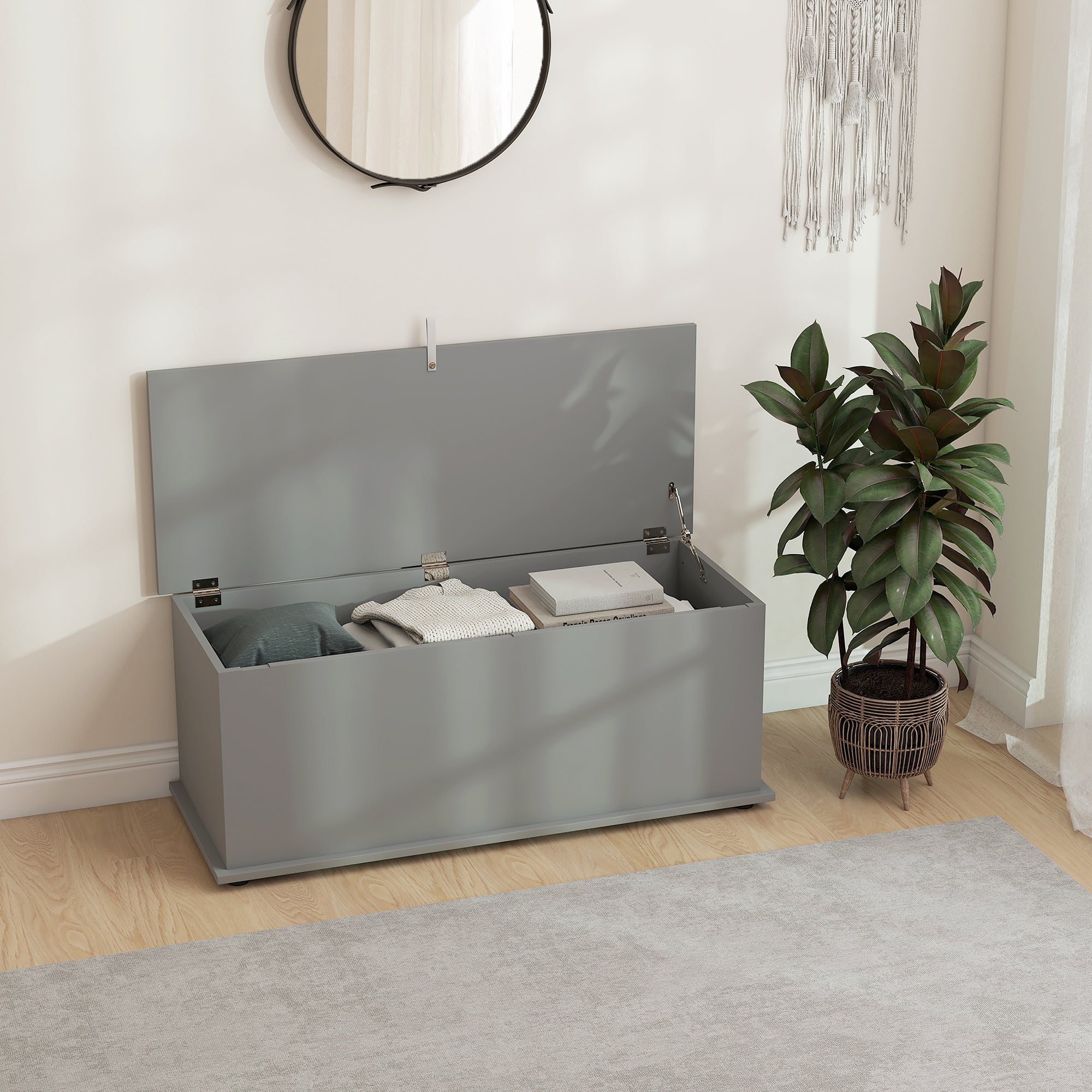 Coffre de rangement, banc de rangement avec couvercle rabattable et charnières de sécurité, banc chaussures, meuble d'entrée, couloir, chambre, salon, 100 x 40 x 40 cm, gris