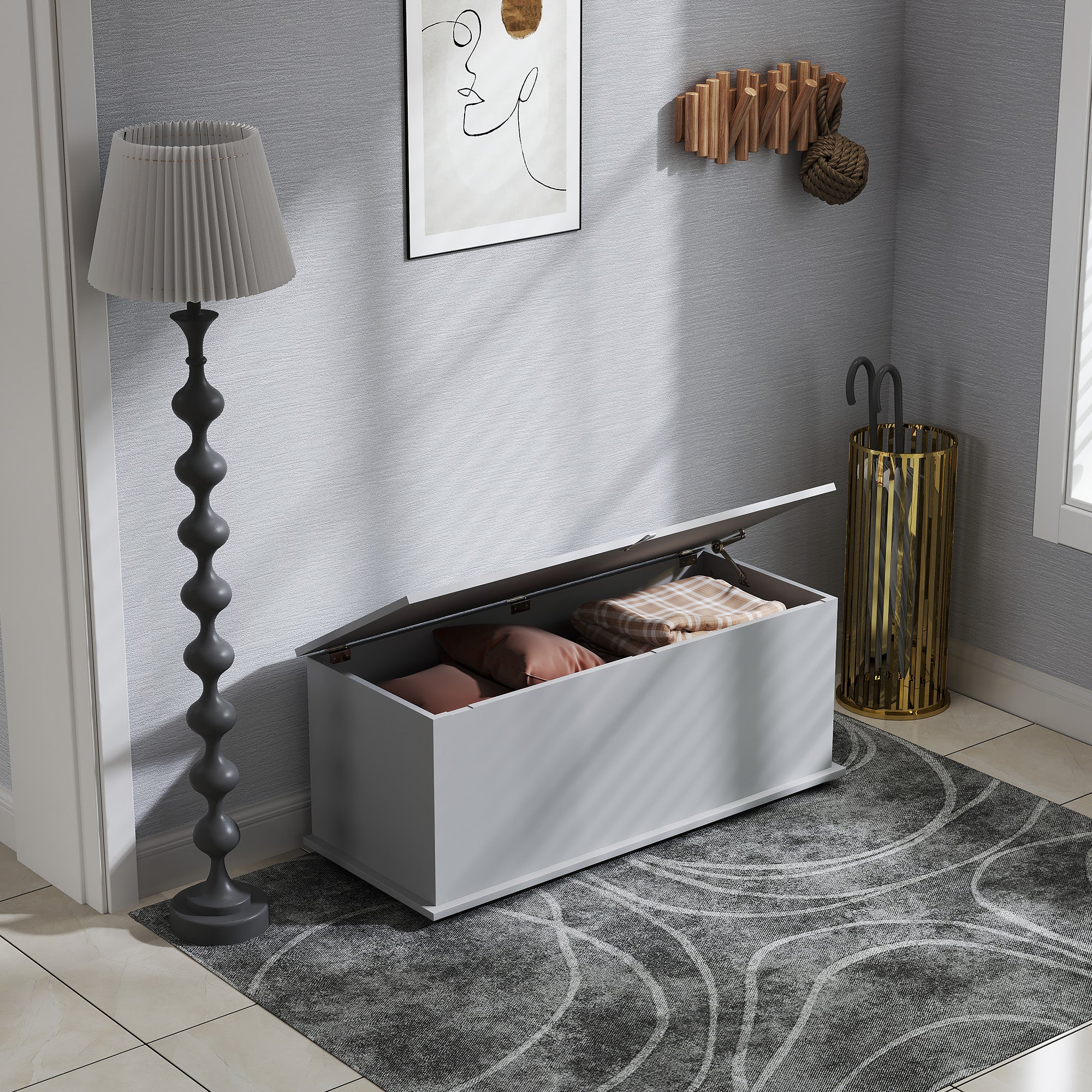 Coffre de rangement, banc de rangement avec couvercle rabattable et charnières de sécurité, banc chaussures, meuble d'entrée, couloir, chambre, salon, 100 x 40 x 40 cm, gris