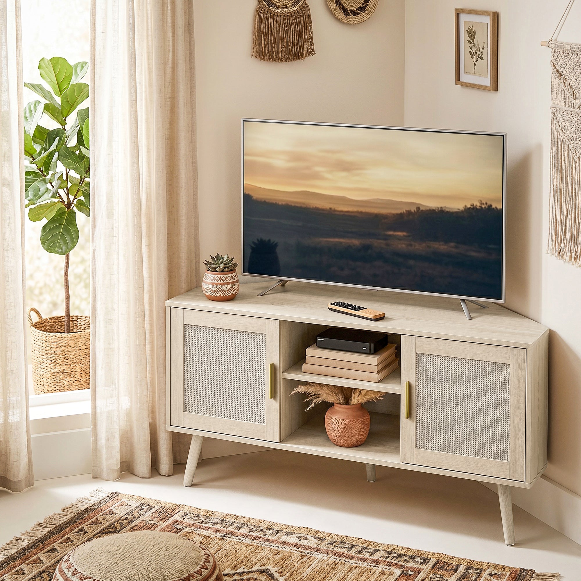 Meuble TV d'Angle 115 cm, Meuble Télé pour Téléviseur jusqu'à 65 Pouces avec 2 Portes en Rotin et 2 Compartiments Ouverts, Pieds en Bois de Pin, Style Bohème, Banc TV pour Salon, Chambre, Chêne