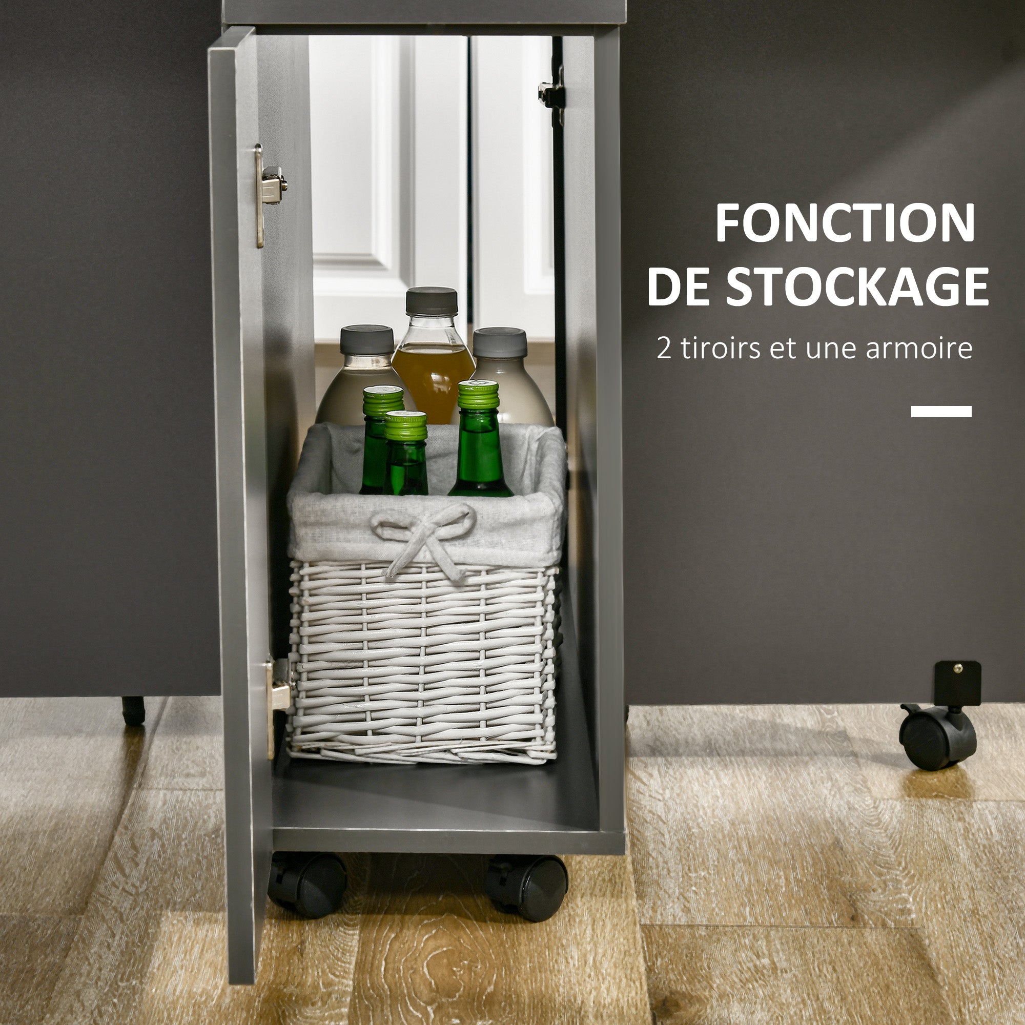 Table de salle à manger pliante sur roulettes avec rangement 2 tiroirs et 1 placard 76 x 140 x 74 cm gris et bois naturel