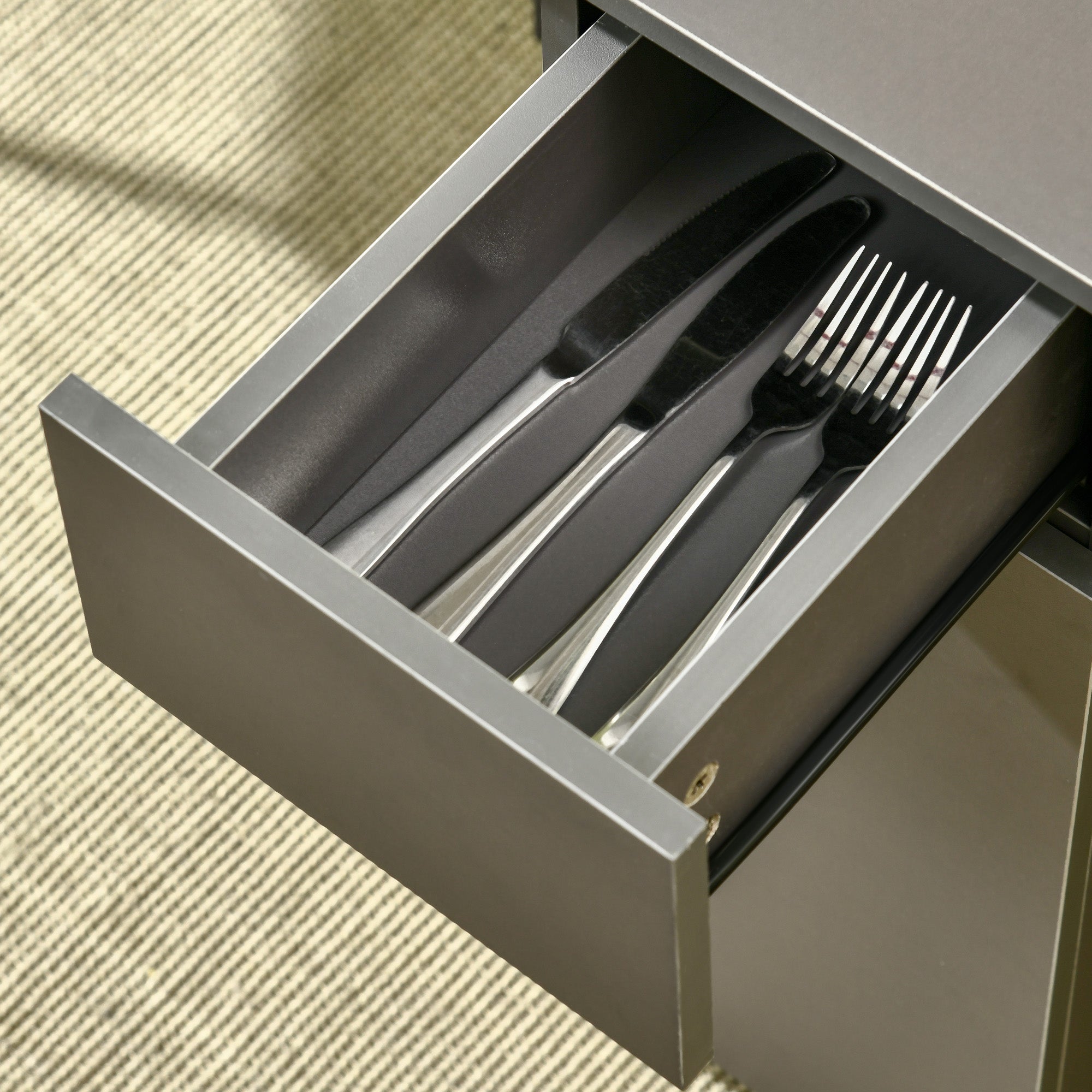 Table de salle à manger pliante sur roulettes avec rangement 2 tiroirs et 1 placard 76 x 140 x 74 cm gris et bois naturel